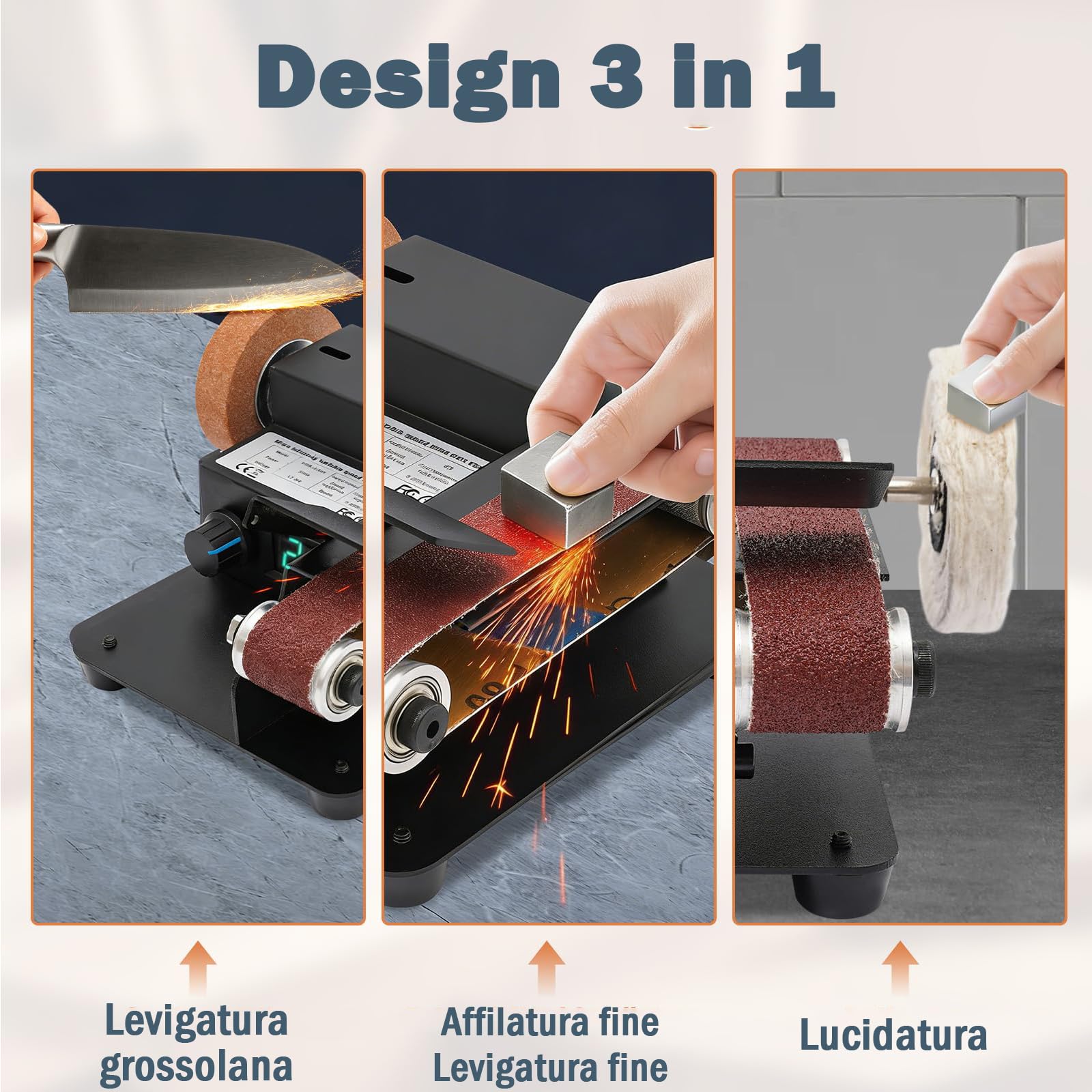 OUKANING Mini Band Sander 350 W Elettrico - Levigatrice a nastro per tavolo da 0-10000 RPM, 7 velocità di regolazione continua della velocità, con 10 nastri abrasivi, disco abrasivo e inserto per