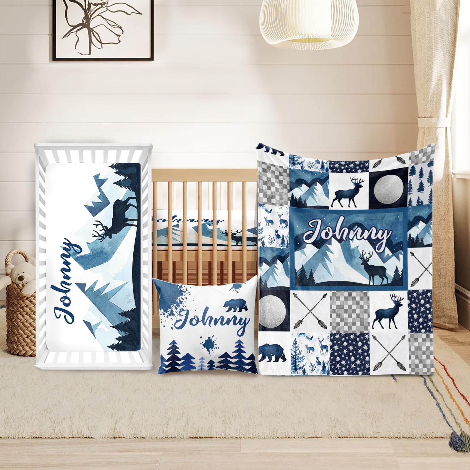 Custom Crib Bedding Set for Boy Gift Woodland Animals Design Color22