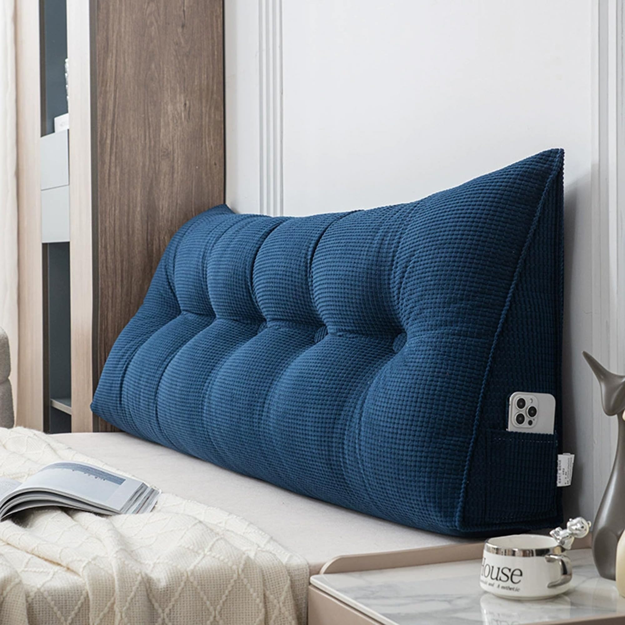 DUOLEH Bed Wedge Pillow for Headboard, Triangular Backrest Pillow with Removable Cover, Comfortable Wedge Lumbar Cushion, Sofa Lumbar and Back Support Cushion (100x50x20cm,Blue)