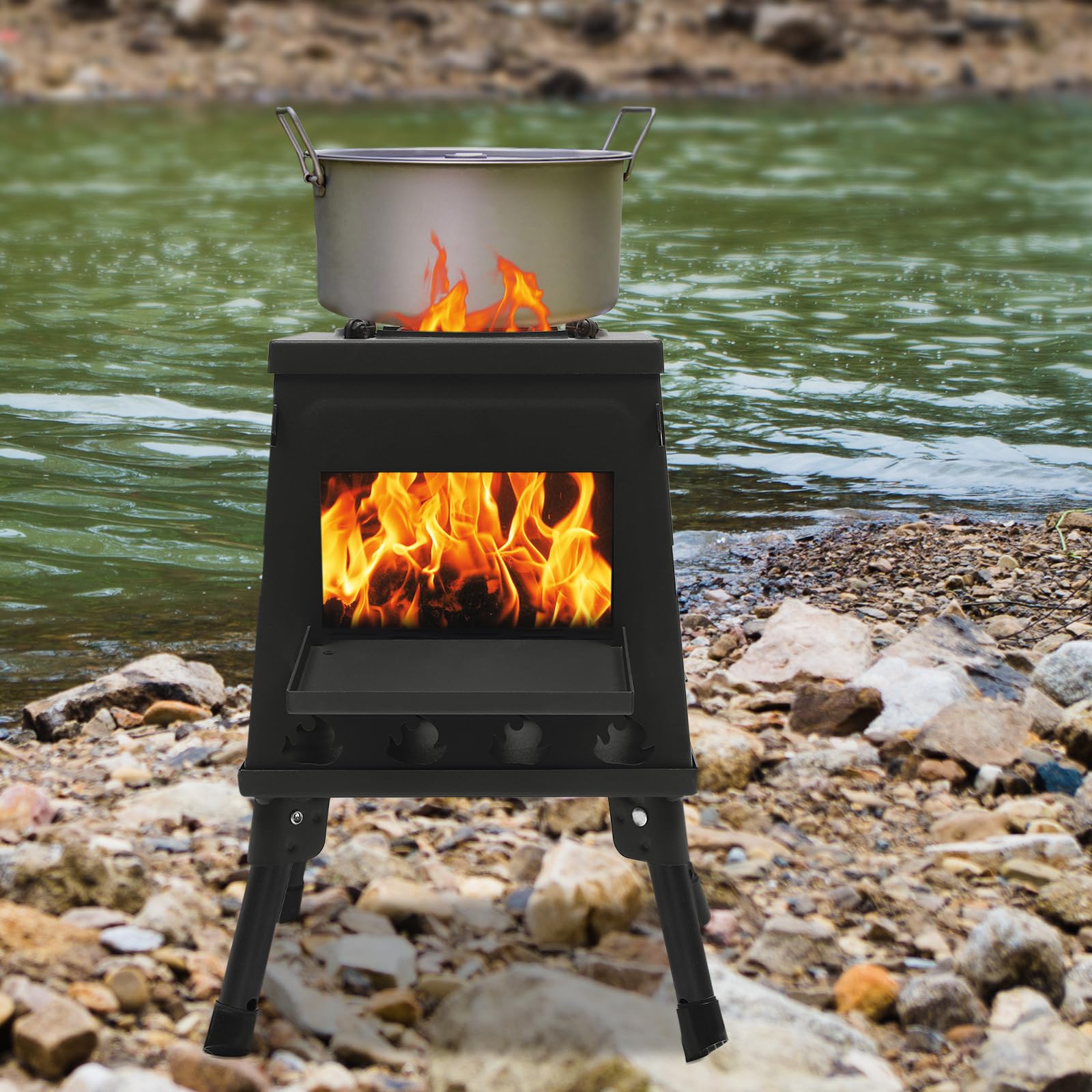 Zeltkocher,Zelt Herd, Raketenofen Outdoor,Schwarz,Tragbarer Holzofen für Camping, Outdoor, Zeltheizung, Camping, Zeltkocher, Mini Holzofen zum Kochen, Camping Rechteckig aus Metall (Schwarz)