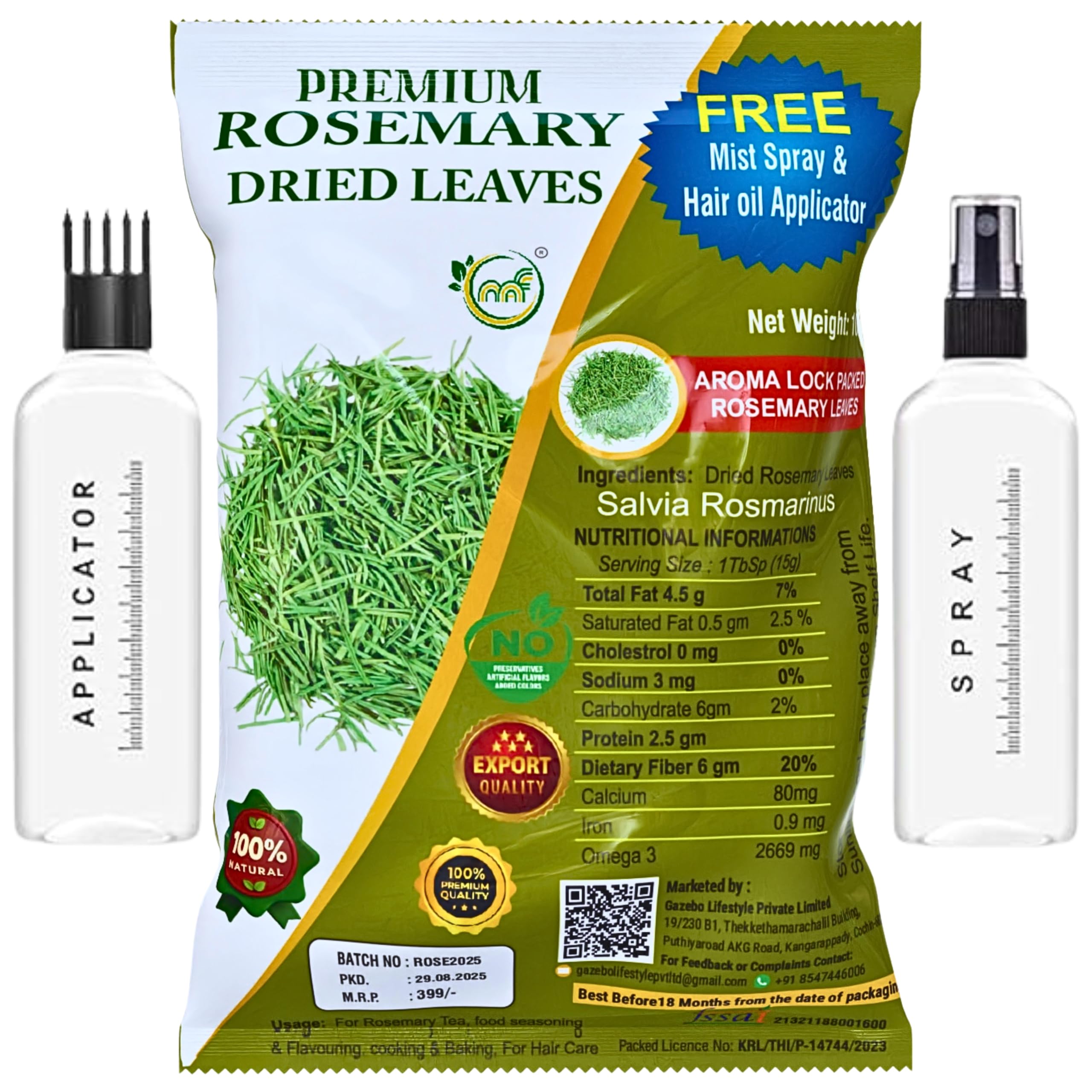 Rosemary Leaves Organic for Hair growth 100 Gram | FREE 2 Bottle with Mist Spray and Comb Applicator | Effective for Hair loose treatment | imported Rosemery leaves , Seasoning, Hair oil, rosemary water