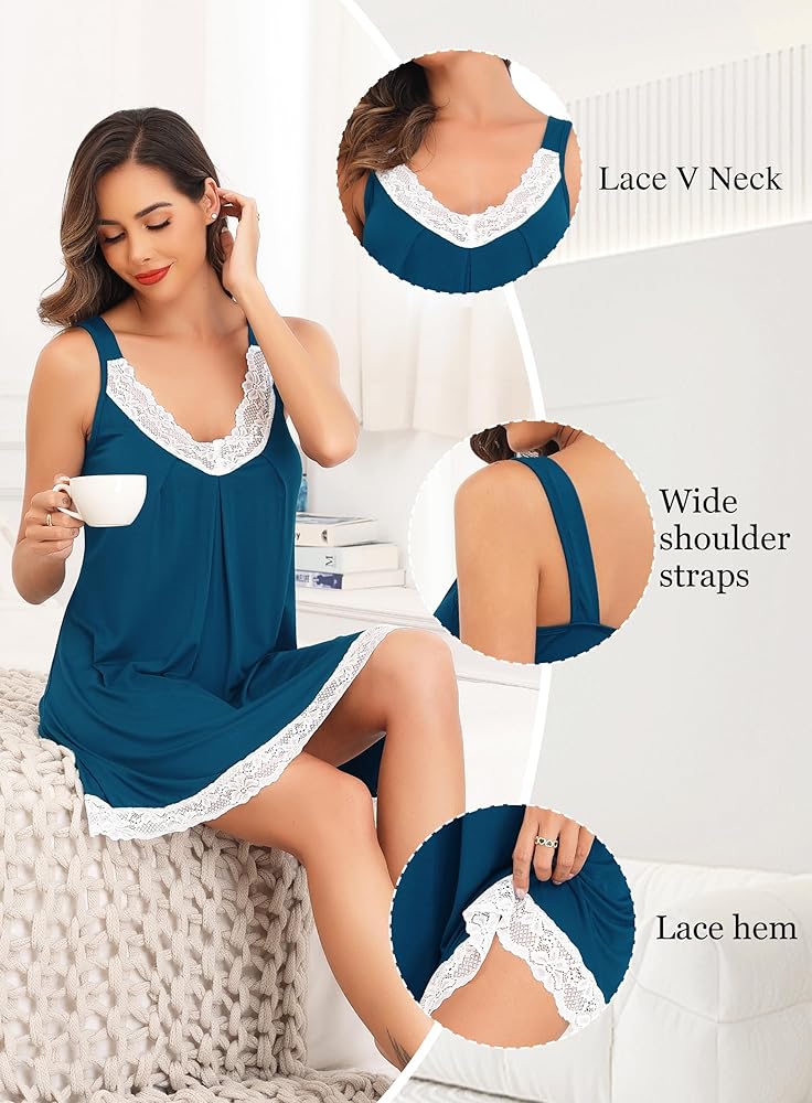 Camicia Da Notte Donna In Cotone E Pizzo - Sottoveste Sexy Con Spalline Regolabili, Design Babydoll Comodo