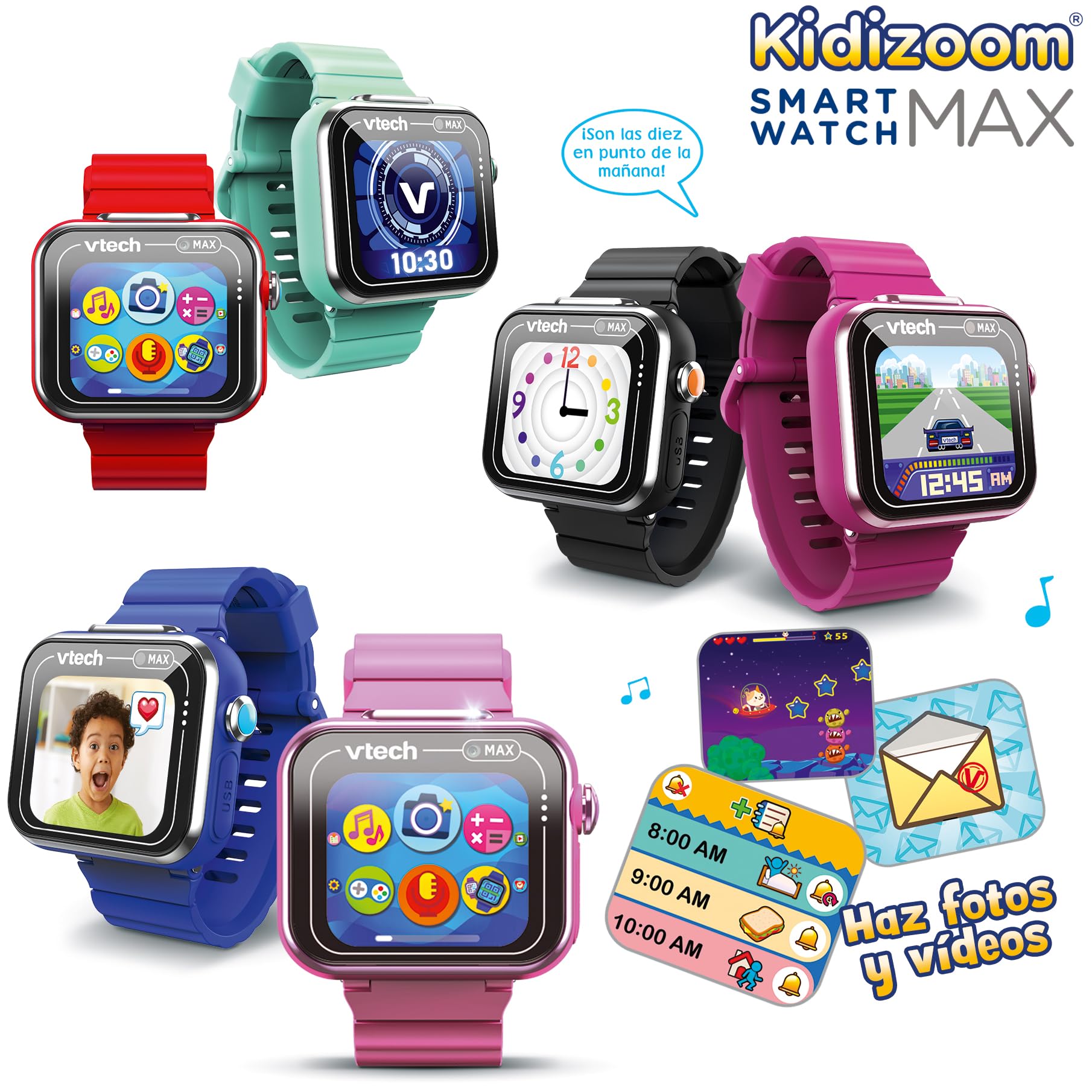 VTech - Kidizoom Smartwatch MAX Azul, Reloj Inteligente para niños, Doble cámara de Fotos, vídeos, Juegos, Pantalla táctil Horizontal, Versión ESP