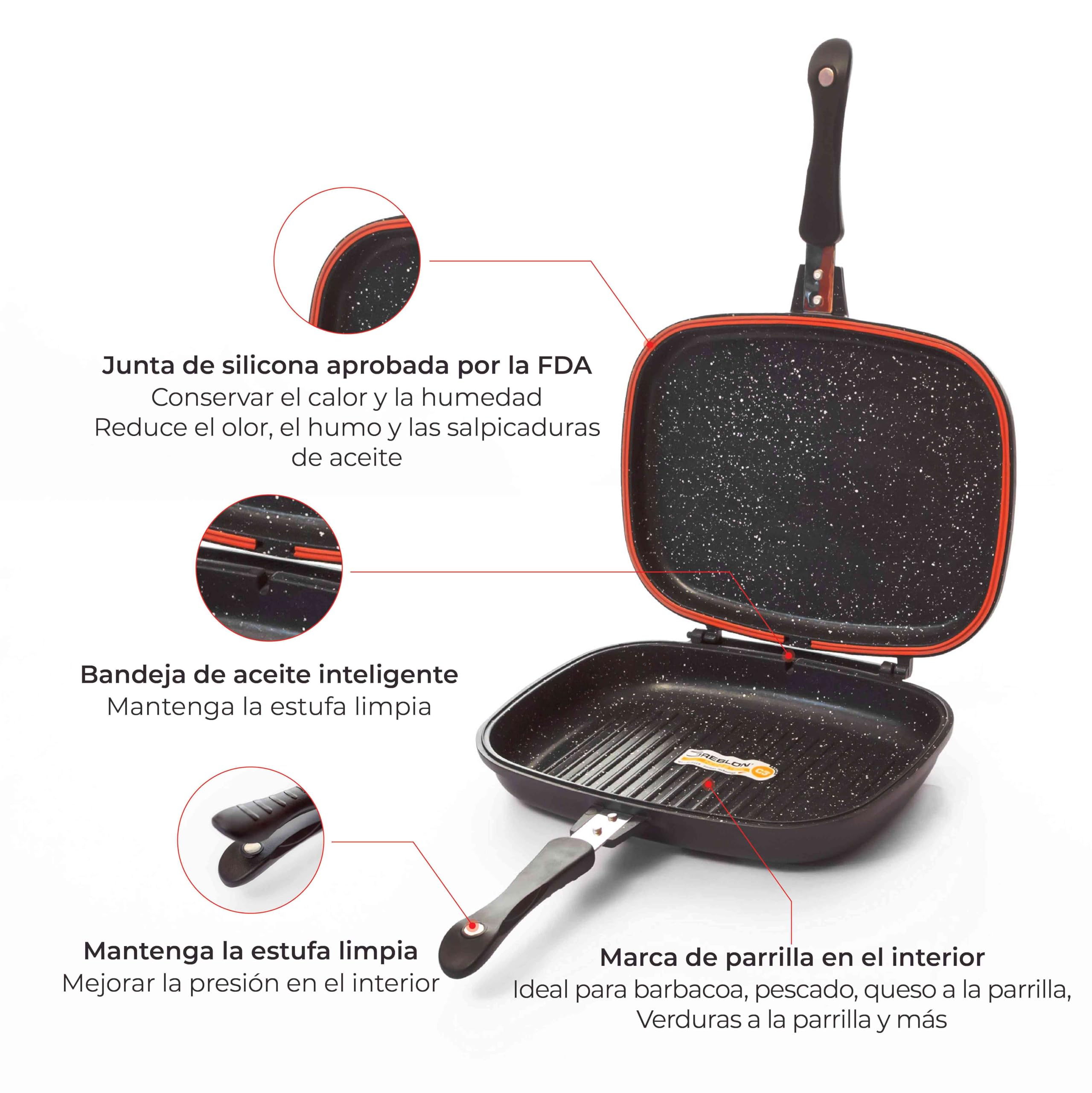 Müller Kitchen Sartén doble MK-3001, antiadherente de granito de mármol alemán de aluminio fundido a presión, sin PFOA, resistencia a los arañazos, 32 cm, color negro