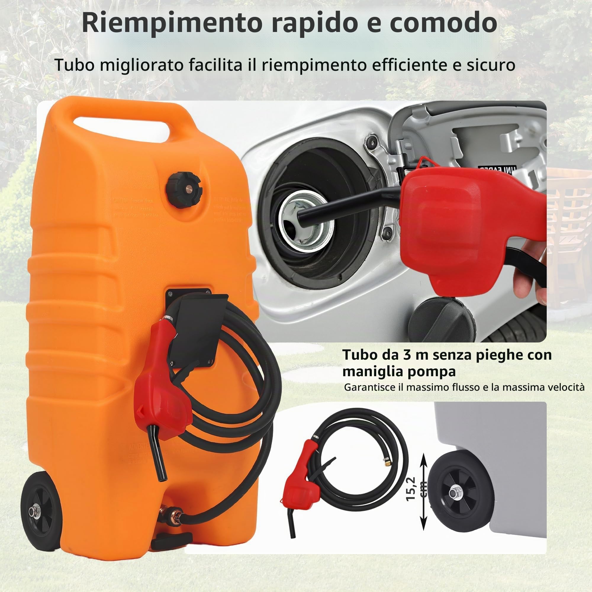 Serbatoio Carburante Portatile 53L Con Ruote, Pompa Sifone Manuale e Tubo 3 m, Per Auto, Barche, Tosaerba e Uso Agricolo, Robusto Design a Valigia, Arancione, senza cinghia