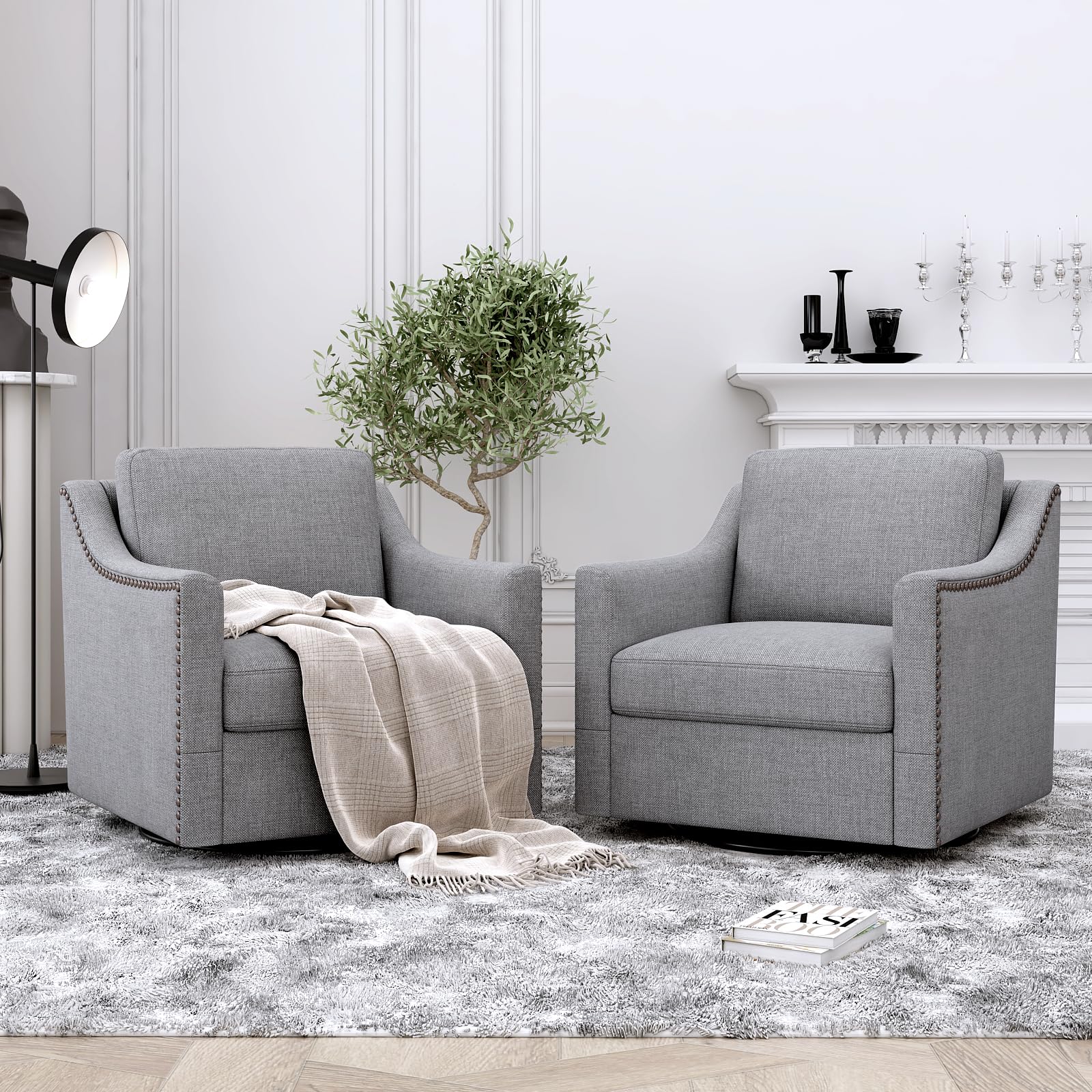 360 Degree Swivel Modern Accent Chairs With Metal Base Set Of 2 S -  Oversized Barrel Chairs With 360?? Rotation, Light Gray Swivel Accent Chair, image size:1600x1600