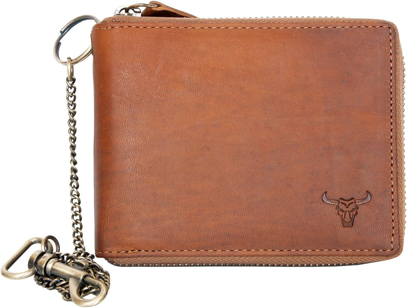 FLWBiker's Zip-Around Pure Leather Wallet with a Metal Chain with a Bull Head