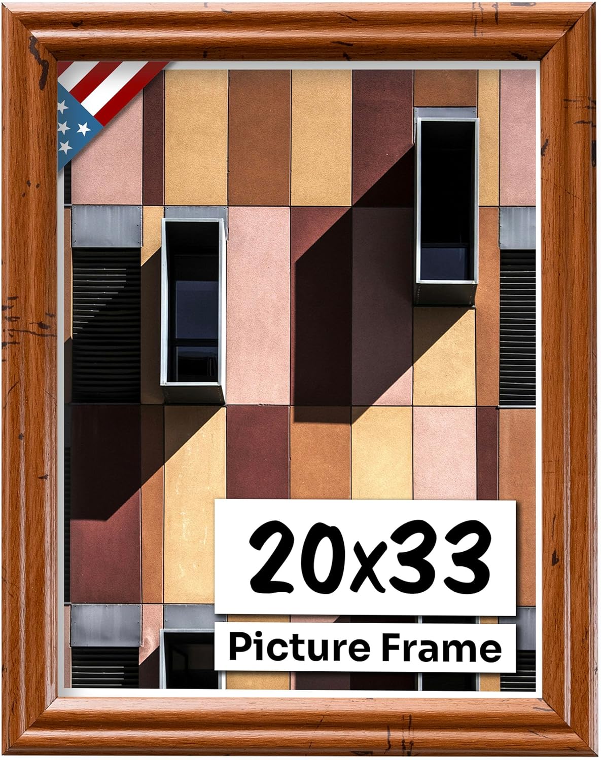 Distressed Oak 20x33 Picture Frame .75" Inch Wide - Handmade American Solid Wood Picture Frames with Preinstalled Hangers and UV Blocking Plexiglass Frames