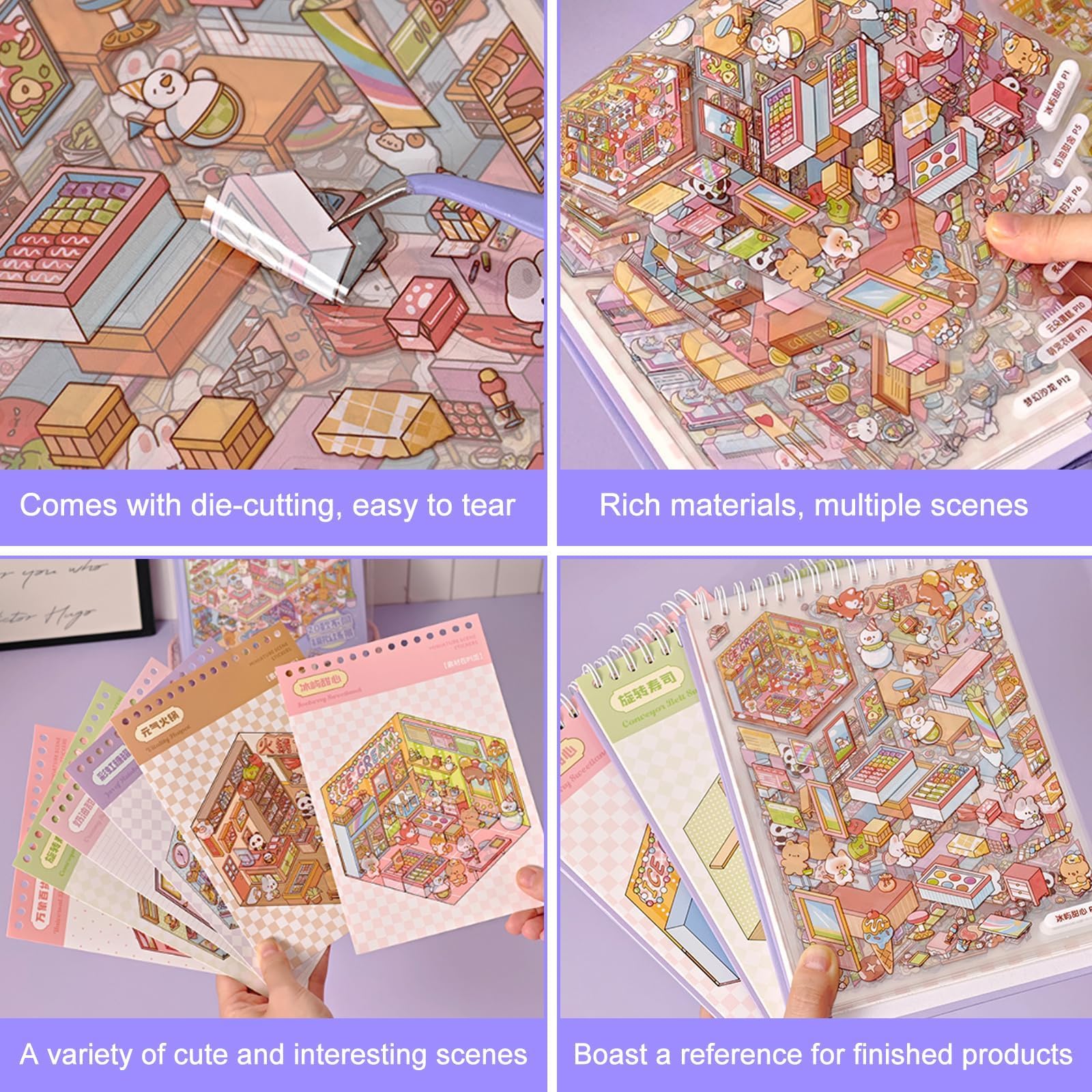 20 Sujets Autocollants de Scène, 3D Stickers Scene Miniature, Autocollants 3D House Stickers pour Soulager le Stress et Passer le Temps, avec 2 Pincette, Cadeau Parfait