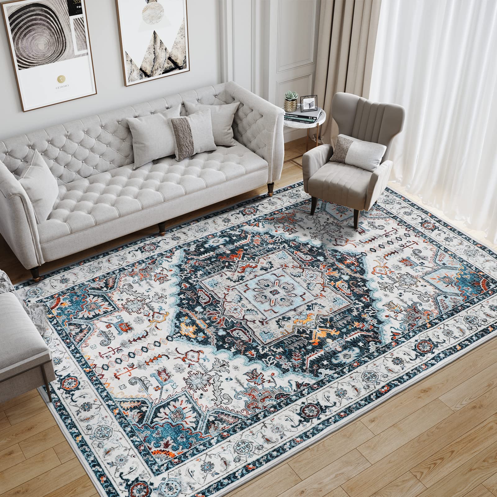 xilixili Area Rug 6x9 - Anti-Slip Backing Washable Rug - Stain Resistant Rugs for Living Room,Bedroom & Dining Room,Vintage Printed Area Rugs (Blue/Orange,6'x9')