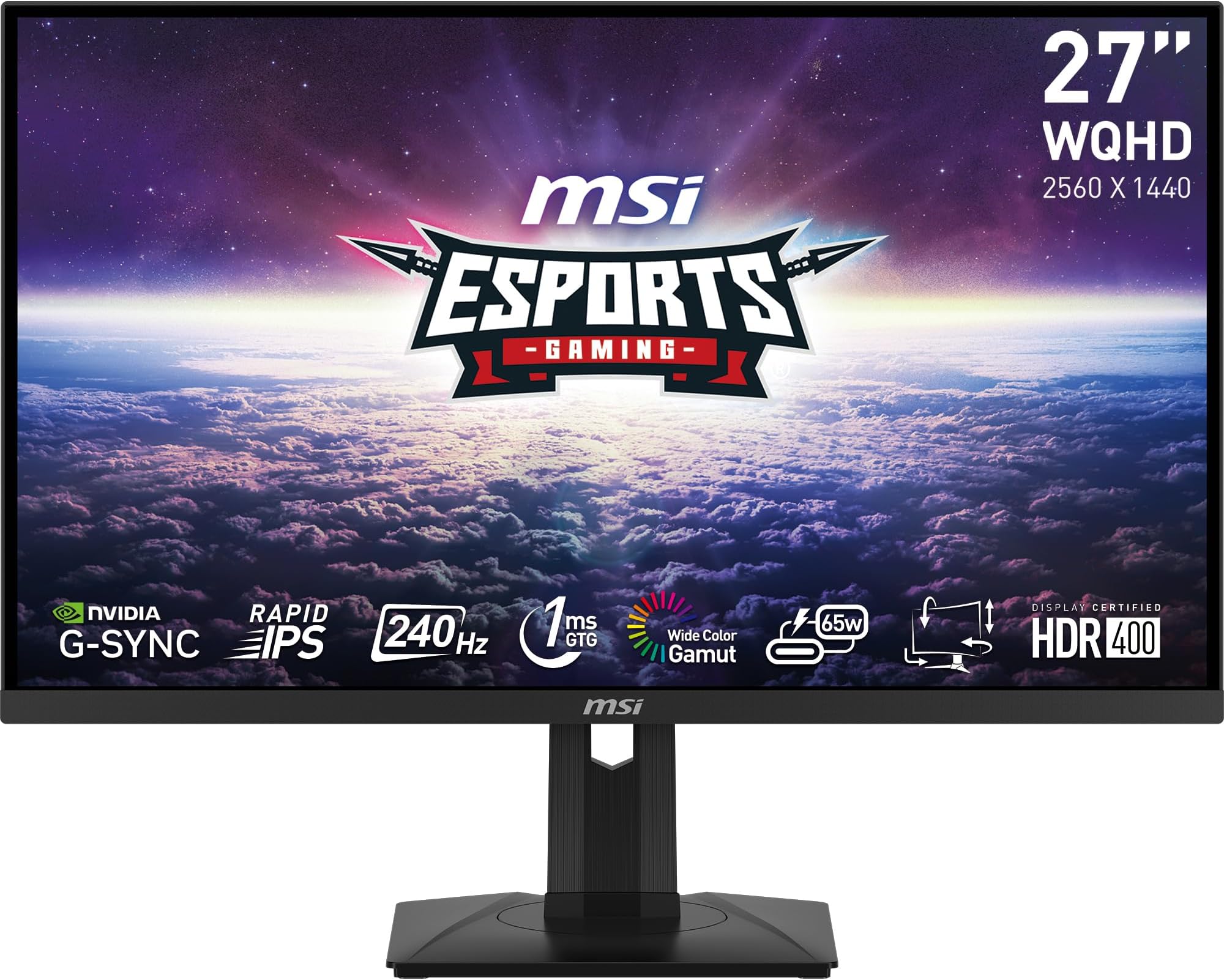 msi G274QPX, 27" Gaming Monitor, 2560 x 1440 (QHD), Rapid IPS, 1ms, 240Hz, G-Sync Compatible, HDR 400, HDMI, Displayport, Tilt, Swivel, Height Adjustable, Pivot