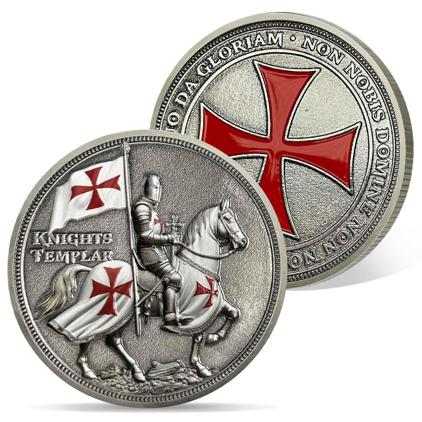 AtSKnSK Pièce de défi des Templiers Chevalier cheval Pièce religieuse Croix-Rouge Guerrier Jeton Médaillon chrétien du Christ Croix-Rouge Cadeaux commémoratifs pour hommes et femmes