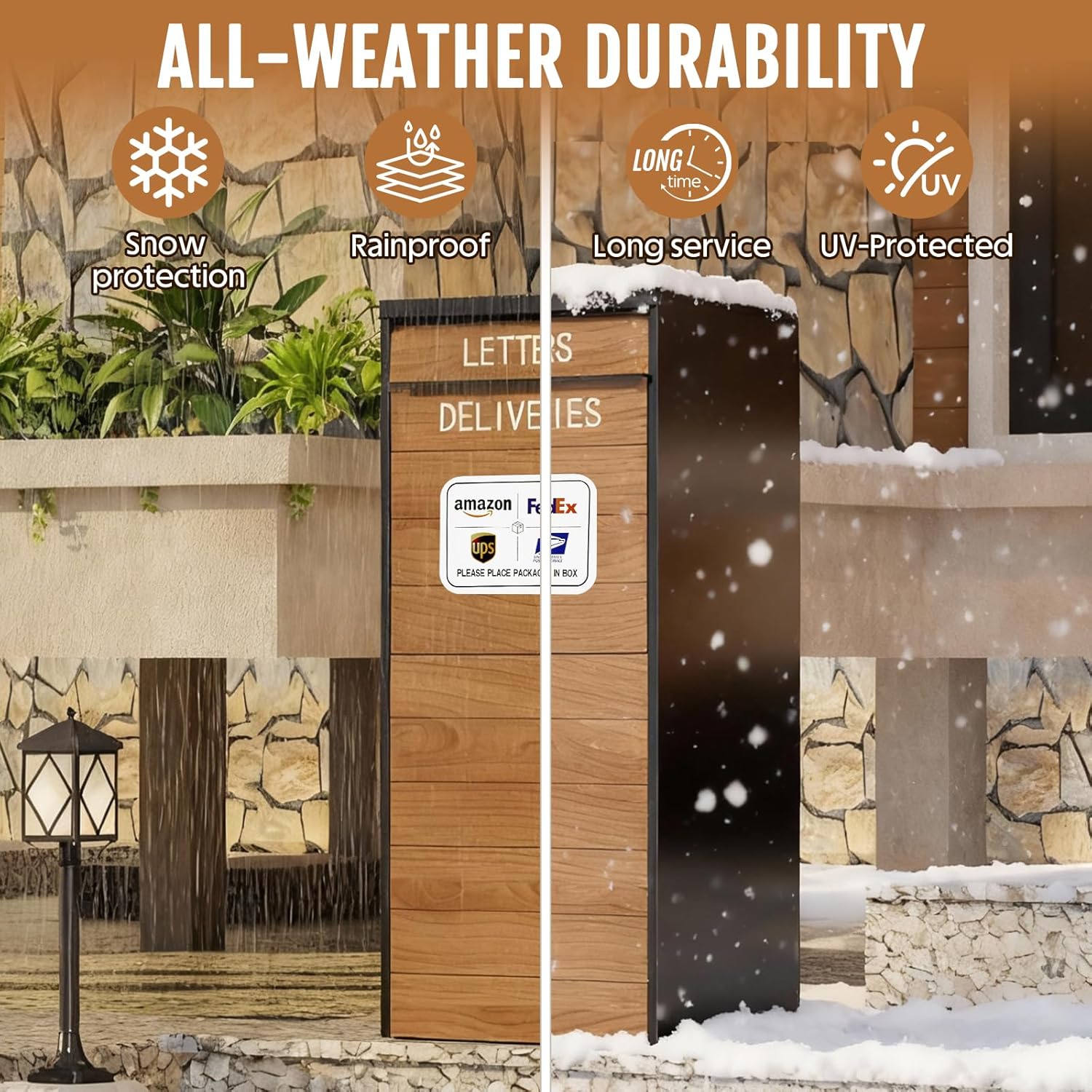 Package Delivery Box for Outside, 41.7” Large Parcel Drop Box with Woodgrain Finish, Anti-Theft & Waterproof Outdoor Package Lock Box for Porch, Yard, Home – Heavy Duty Steel Construction - Image 6