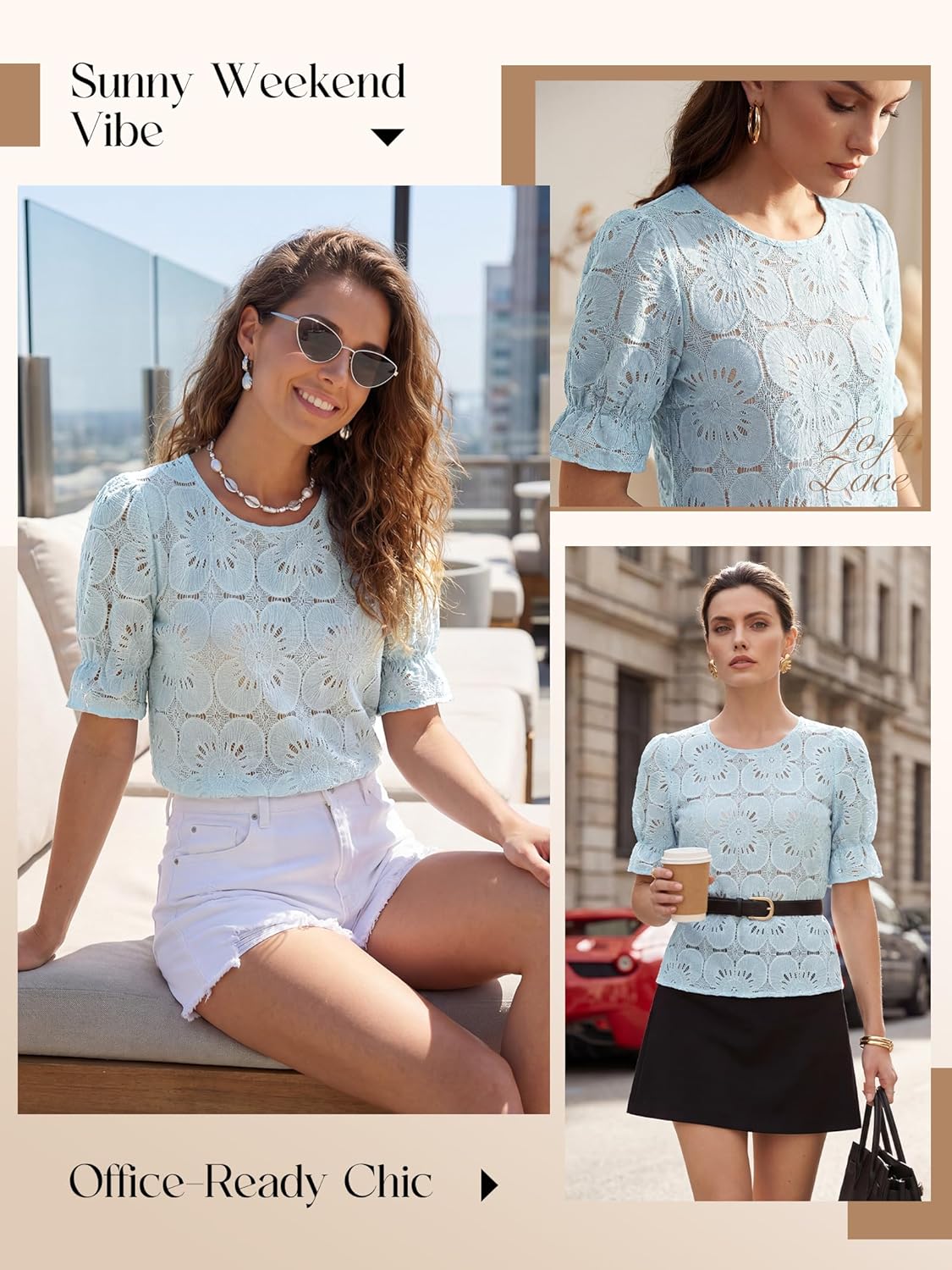 Women's Eyelet Tops Puff Short Sleeve Blouses Dressy Casual Cute Hollow Out Crochet Lace Embroidered Summer Shirts - Image 7