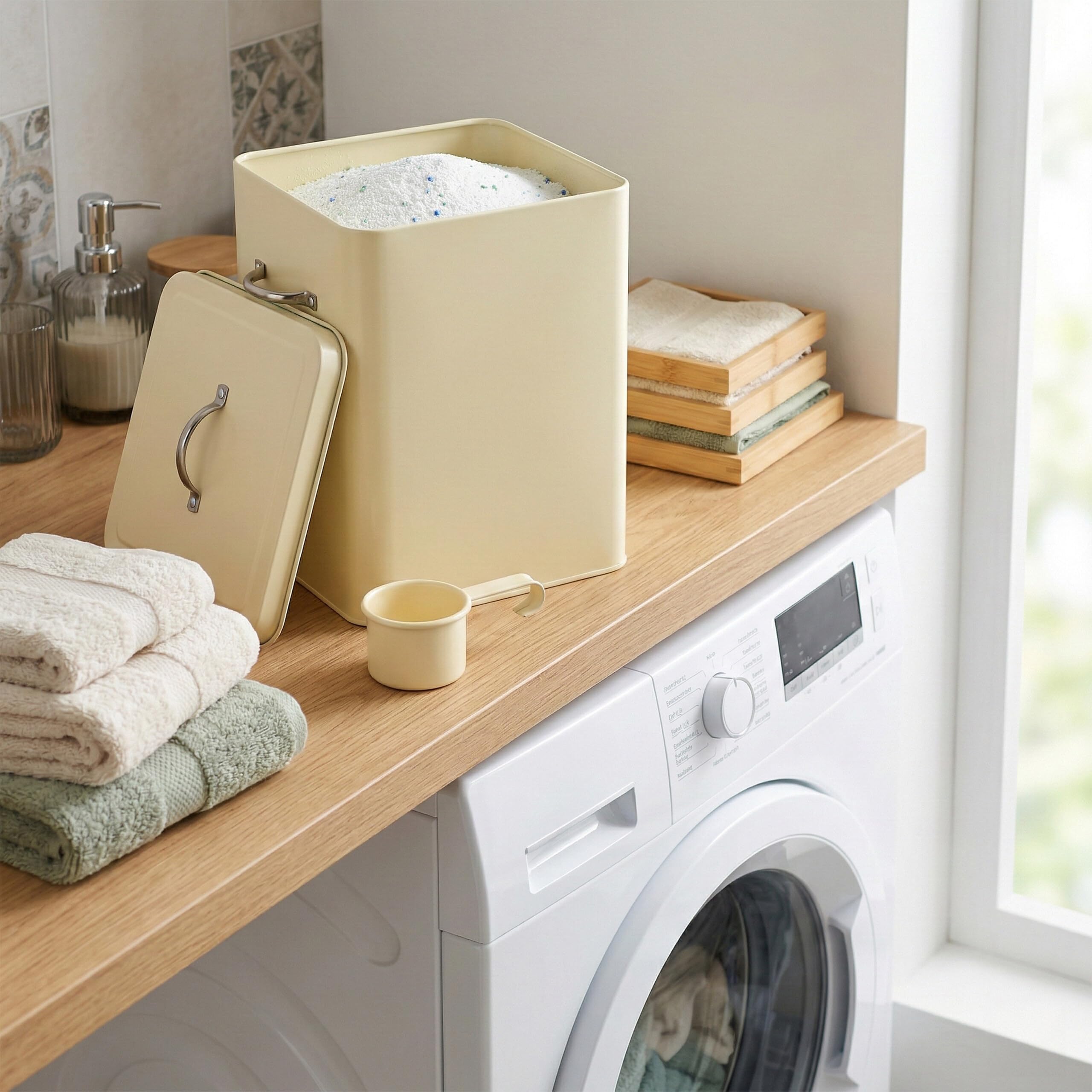 Relaxdays Contenitore detersivo 6L, Metallo, Scatola con misurino, Design retrò, Anche per Alimenti Animali, Beige 25.5X