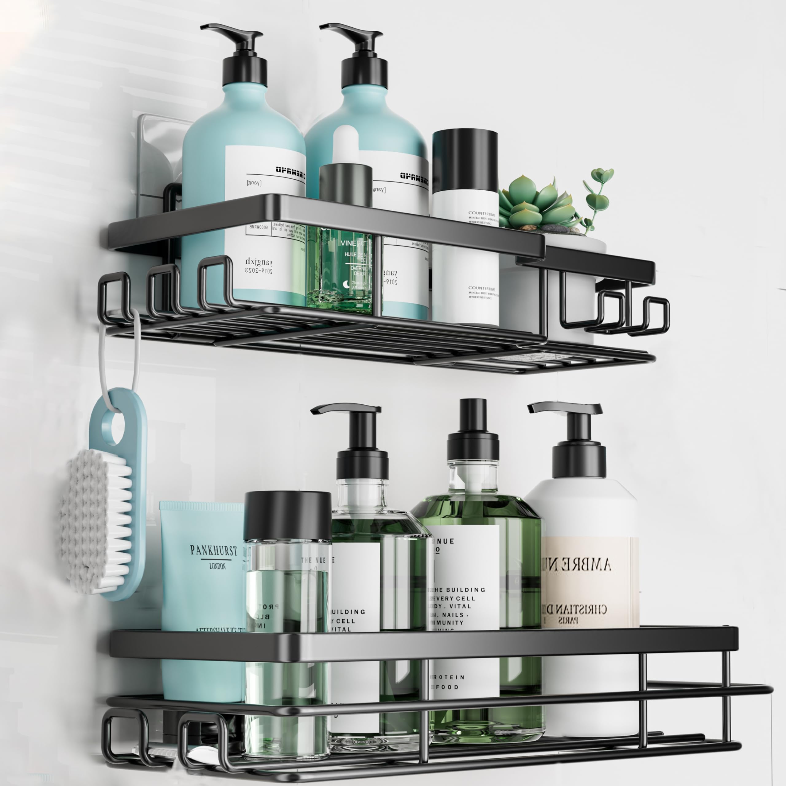 pickpiff Shower Caddy 2 Pack Bathroom Storage Shelf Shower Organiser No Drilling with Hooks Self Adhesive Soap Holder Hanging Rack Shower Accessories Tidy Black