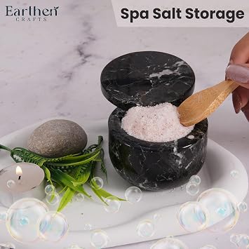 Earthen Crafts Marble Salt Cellar 3 Inch Black Salt Box with Swivel Lid - Spice Container for Kitchen Counter - Salt and Pepper Storage
