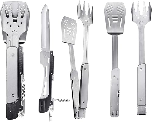 Lichamp Juego de múltiples herramientas para barbacoa 6 en 1 herramienta plegable de acero inoxidable herramienta de parrilla plegable para parrilla