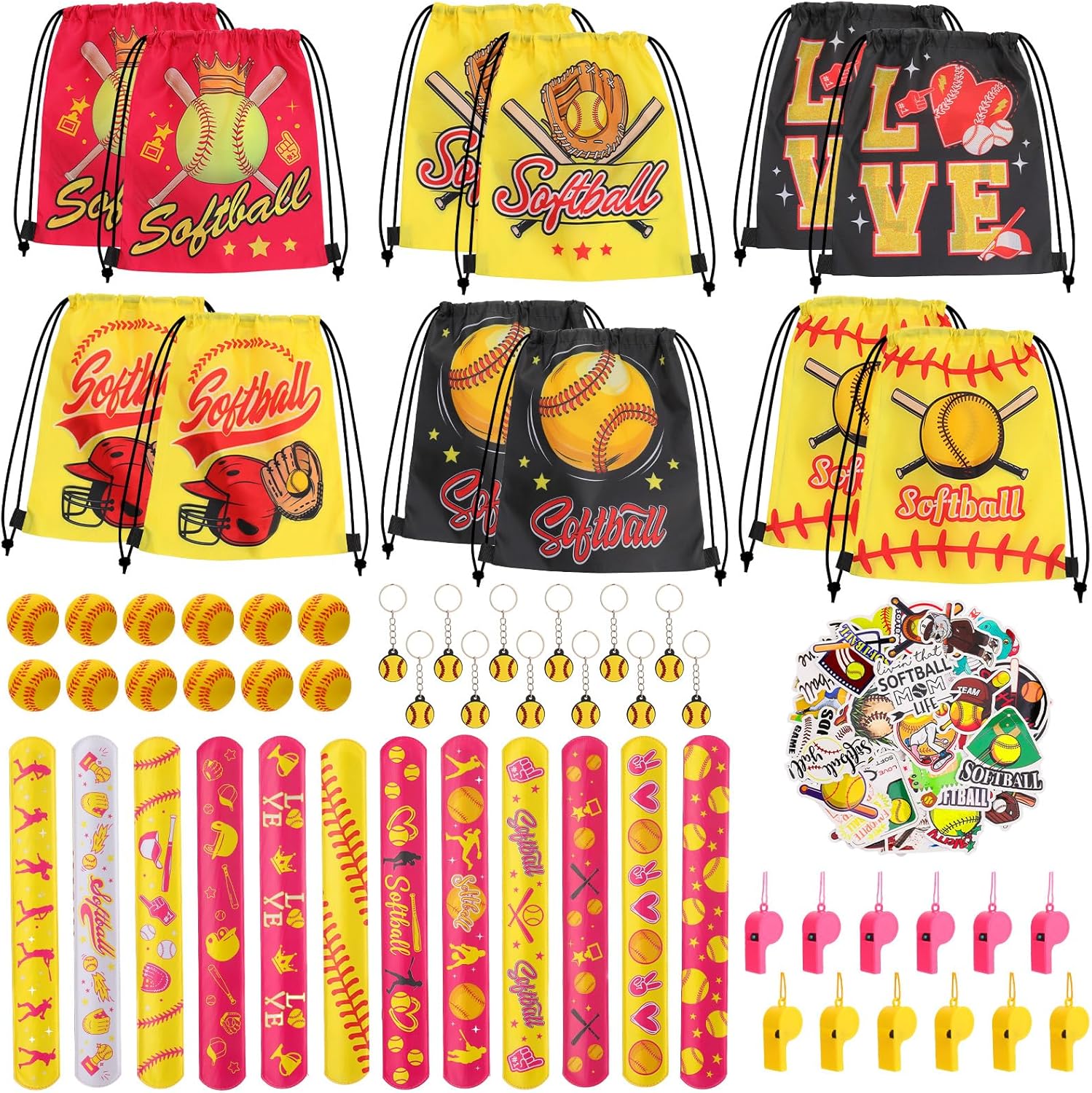 160 Pcs Softball Party Favors, Softball Goodie Bags with Stuffers Includes Drawstring Bags Mini Stress Ball Whistles Slap bracelets Keychains Stickers for Birthday & Sport Party Supplies