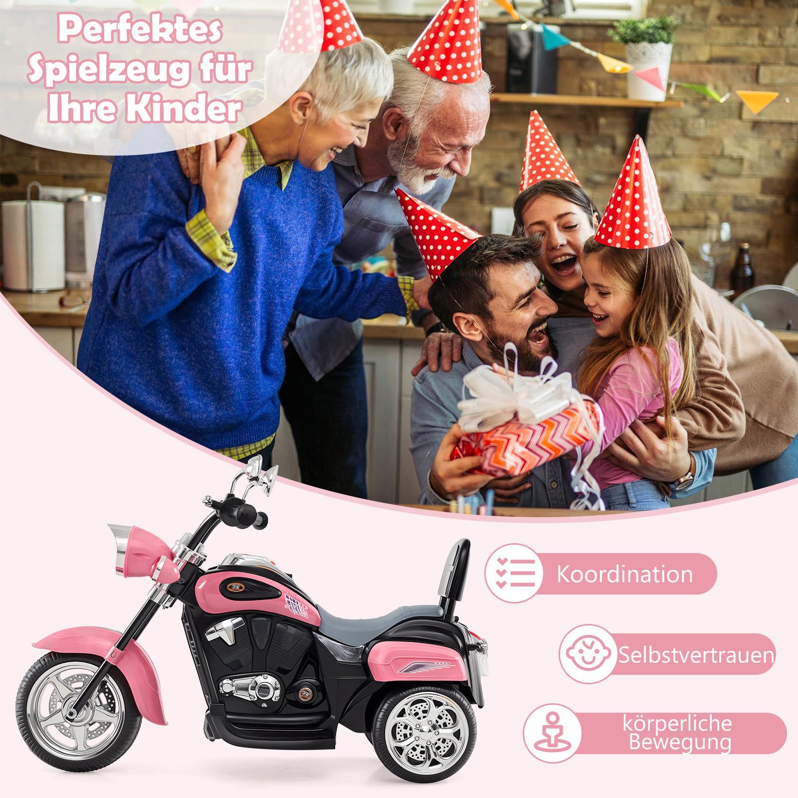 GOPLUS Motocykl elektryczny 6 V dla dzieci, trójkołowy motocykl dziecięcy z przełącznikiem do przodu i do tyłu, elektryczny motocykl, mortorcycle, pojazd elektryczny dla dzieci od 3 lat (jasnoróżowy)