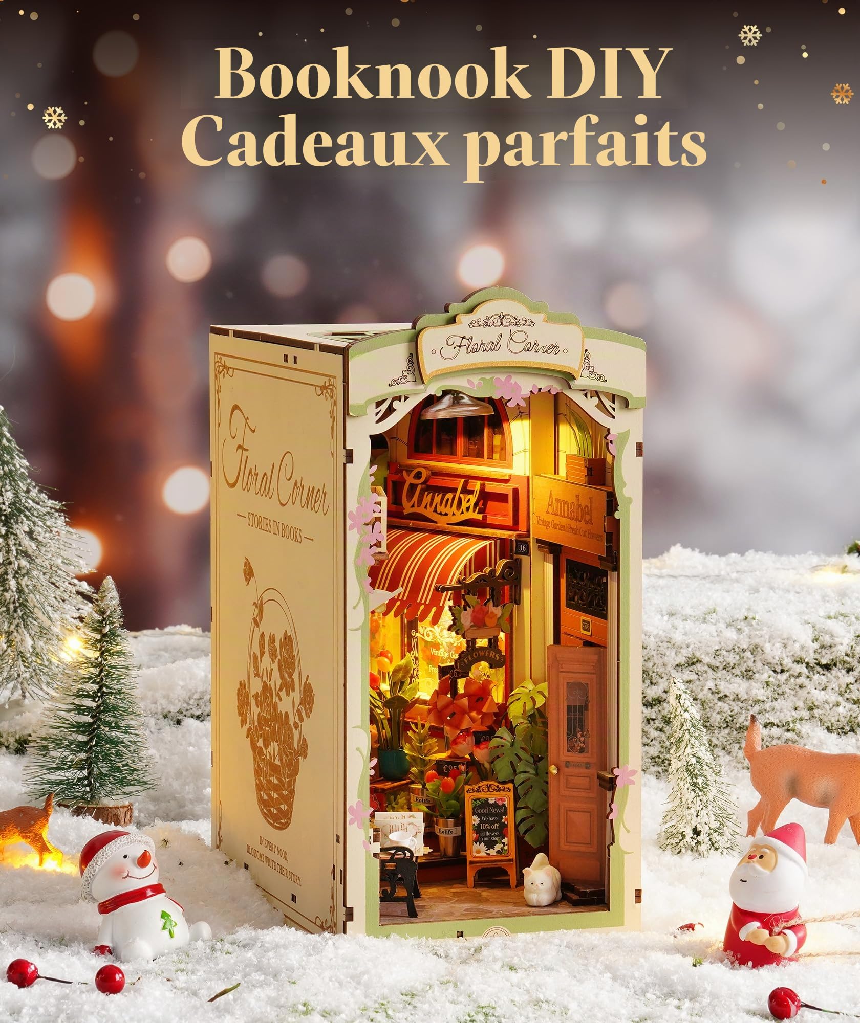 ROWOOD Book Nook Kit Coin Fleuri, DIY Booknook pour Adultes, Maquette en Bois A Construire avec Lumière LED Et Panneau Anti-poussière, Décoration D'intérieur Et Cadeaux Créatifs pour Noël