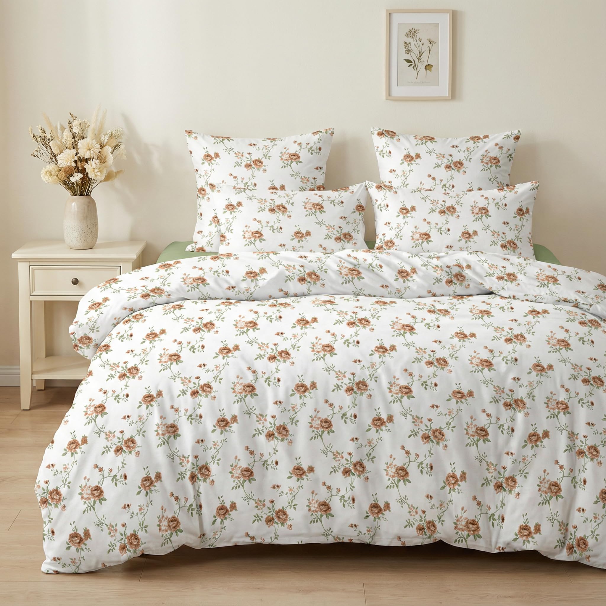 Covebett Duvet Cover Sets Double White Brown Floral Flowers Print Microfibre Bedding Set 3pcs Botanical Aesthetic Teen Girls Quilt Cover 200x200 cm with Zipper Closure and 2 Pillowcase 50x75 cm — image 1