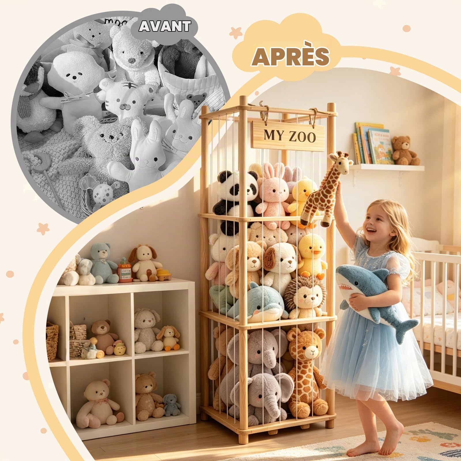Rangement pour peluches, en bois, avec freins à 360°, grande capacité, 135 x 40 x 40 cm, pour salle de jeux, chambre d'enfant, chambre à coucher