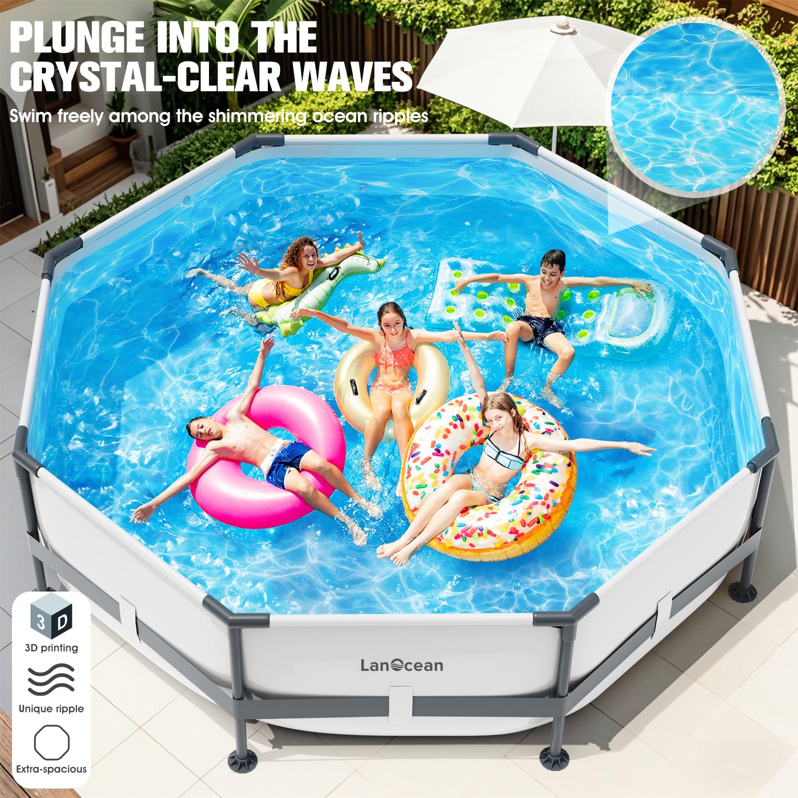 LanOcean Frame Pool 300x300x76cm Stahlrahmen Pool Garten Pannensicheres Material Family Pools Aufstellpools Schwimmbecken Rund