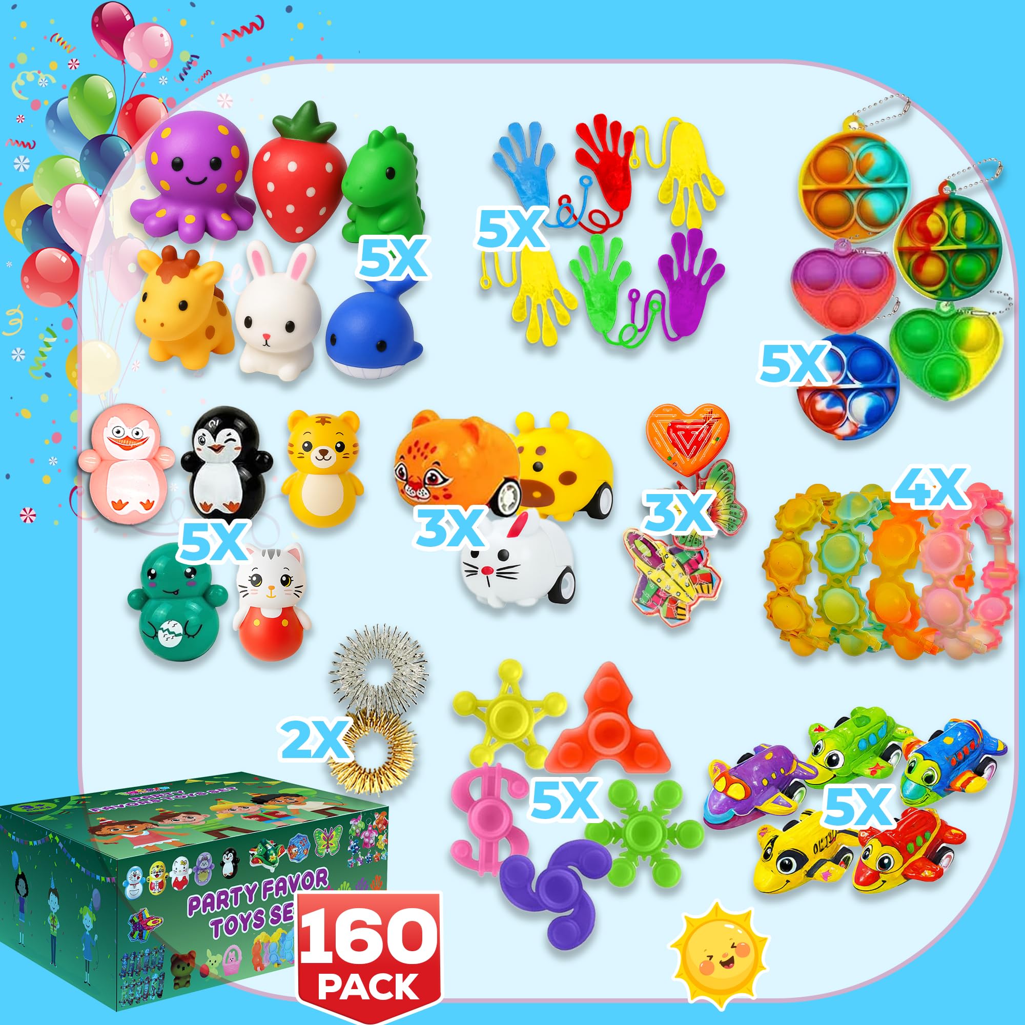 A colorful assortment of assorted fidget toys, including squishies, sticky hands, and pop keychains, ready for distribution.
