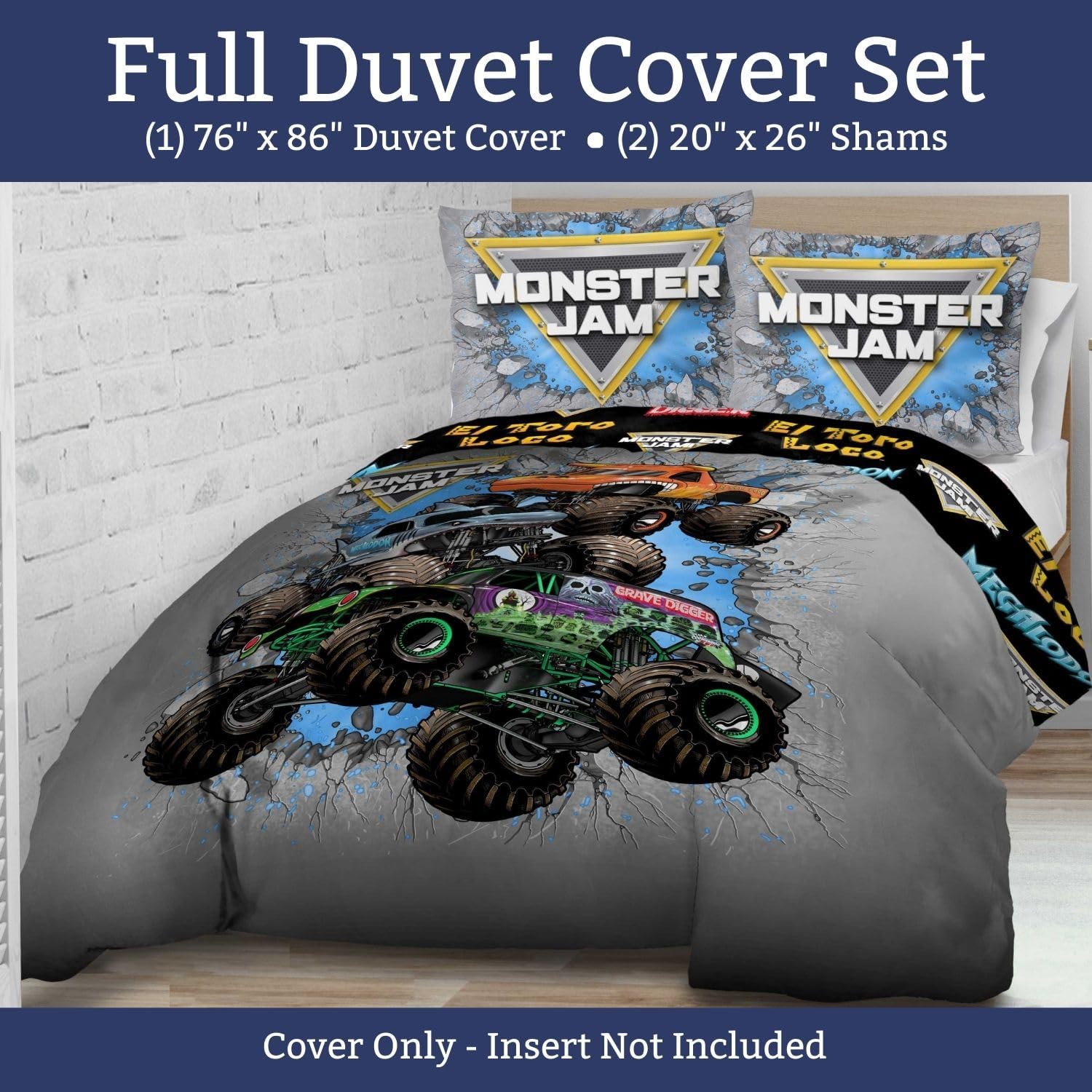 Jay Franco Kids Duvet Cover Set – 3 Piece Super Soft Bedding with Sham Pillowcase, Cover ONLY Comforter Not Included, Grey - Monster Jam, Full