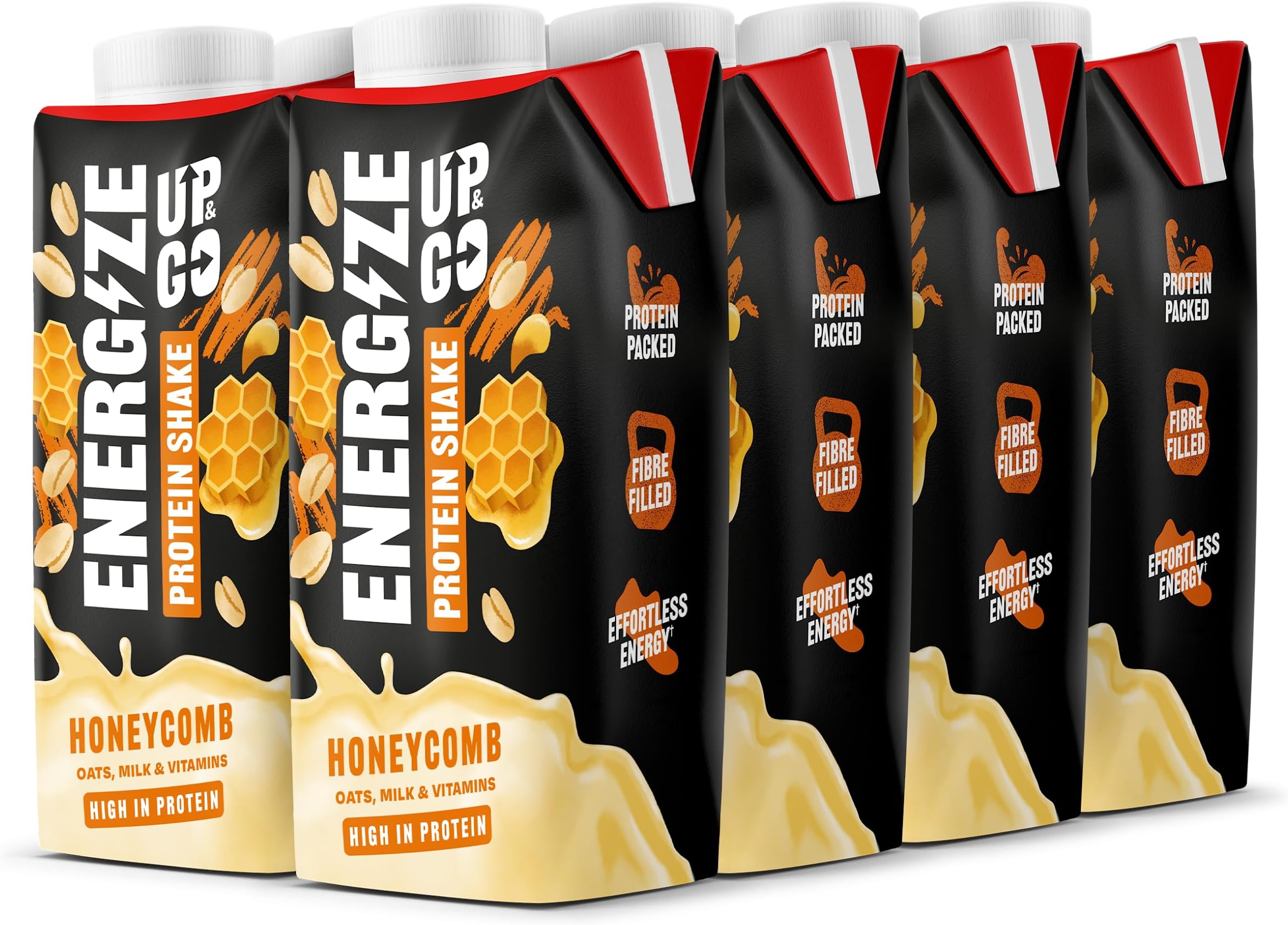 UP&GO Energize - Honeycomb Protein Breakfast Shake (350ml x 8 Bottles), Low Fat, High Fibre, No Added Sugar