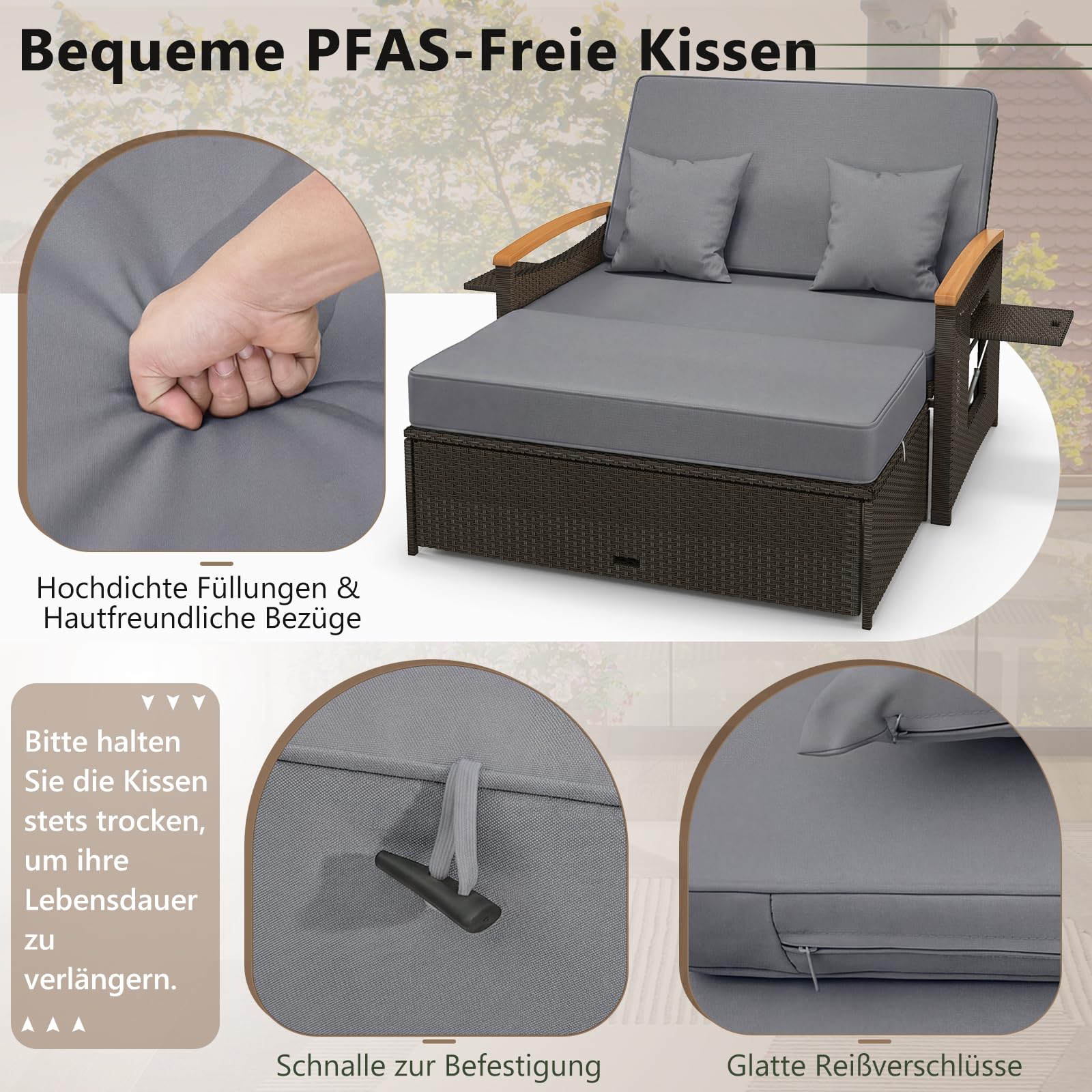 GIANTEX Lounge Möbel Outdoor, Gartensofa mit Liegefunktion, Outdoor Sofa | 3-in-1 Design, Stauraum, weichen kissen, Doppelliege Outdoor 2 Personen, Rattan Gartenliege, Gartenlounge, für Garten Balkon
