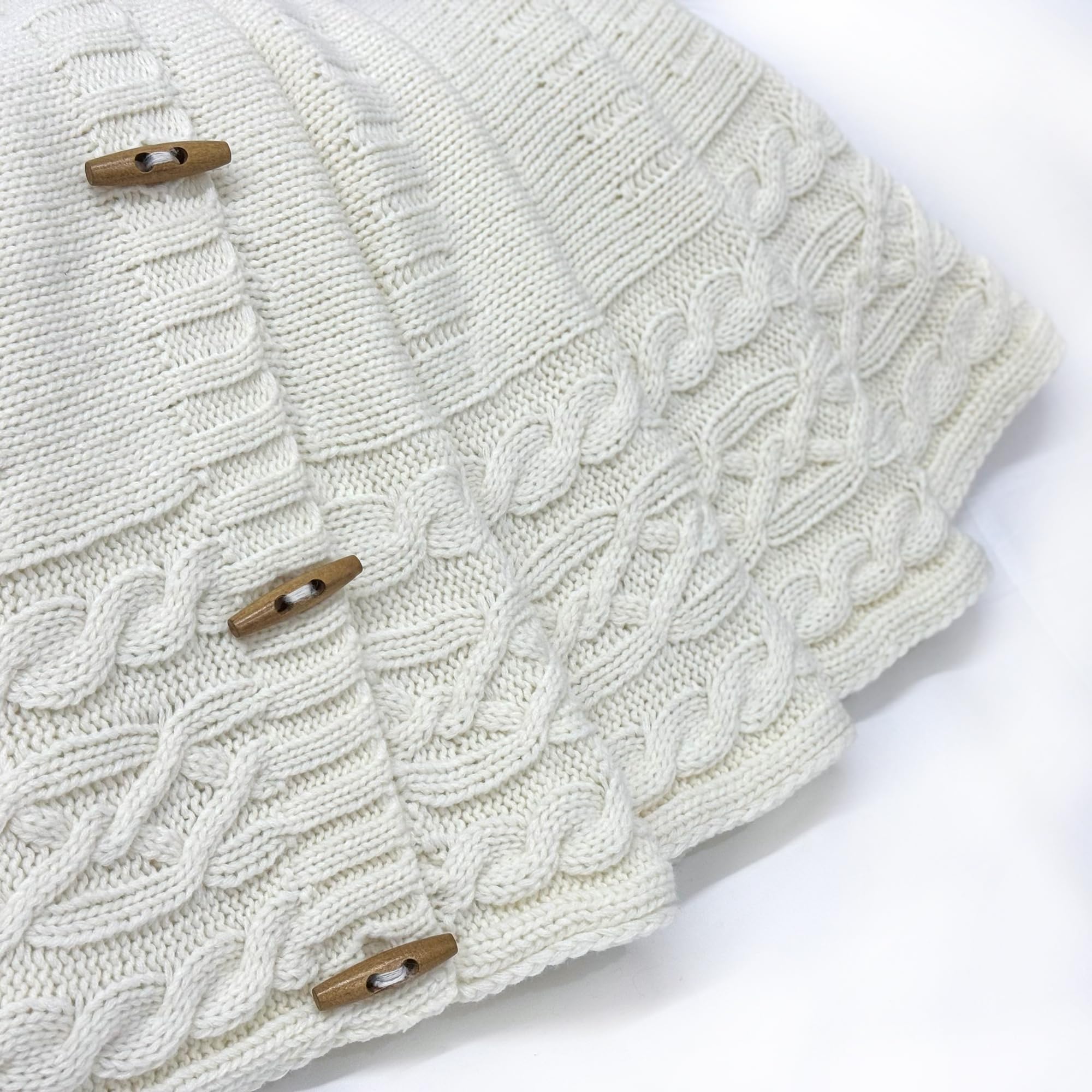 48-Inch Cable Knit Christmas Tree Skirt - Cream White With Wooden Toggle Buttons