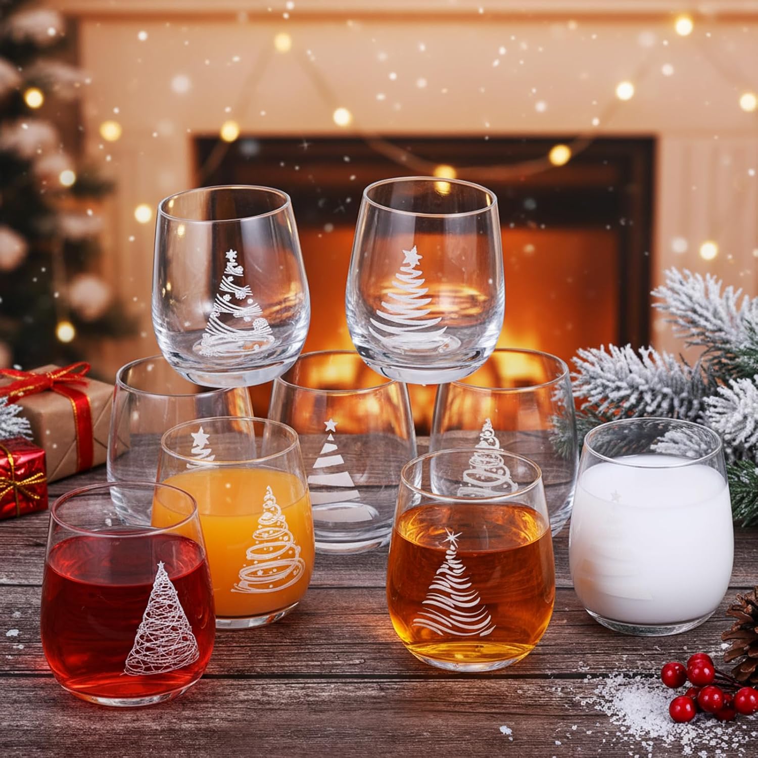 Pickmesh 6 Pcs Christmas Wine Glass 12oz Christmas Tree Stemless Wine Glass Funny Xmas Themed Drinking Cups Merry Xmas Party Gifts for Women Men Family