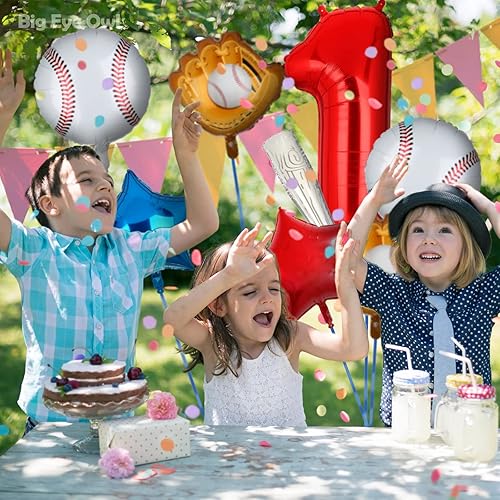 Miniatura 6 de Decoraciones de fiesta de primer cumpleaños, juego de globos de papel de aluminio de béisbol número 1, suministros para fiesta de primer cumpleaños,