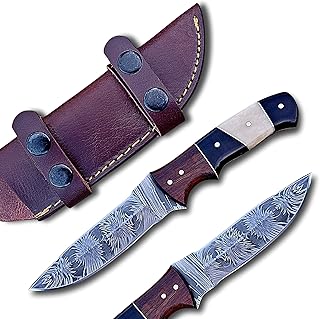 Handmade 4.5 Inch Damascus Fixed Blade Knife Full Tang, Damascus Hunting Knife, Skinning Knife with Horizontal Carry Leather Sheath 3763 - JNR Traders