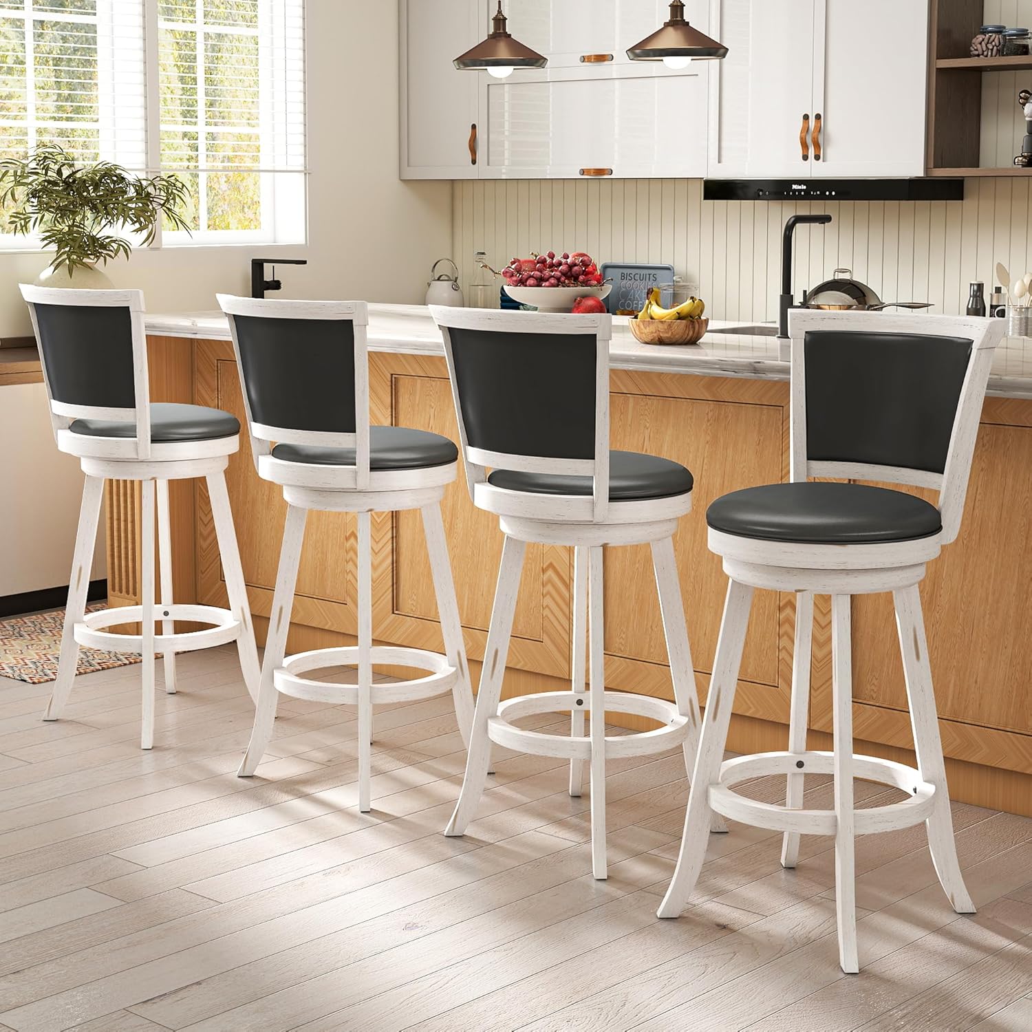 Betterhood 29" Bar Height Swivel Stools, High Back Swivel Bar Stools with Faux Leather Upholstered Seat & Solid Wood Footrest, Counter Bar Chairs for Kitchen Island & Pub (Antique White, Set of 2)