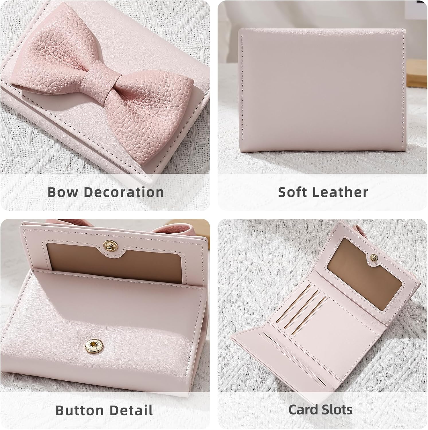 Small Wallets Woman, Cute Tri-fold Ladies Coquette Wallet for Women, Pink Bow Credit Card Coin Holder Purse with ID Window for Cash Key Change (Pink) - Image 3