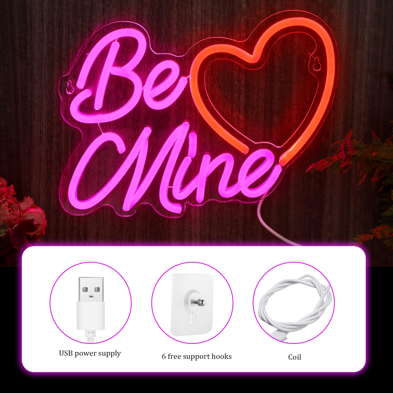 Huquary Neonowy znak w kształcie serca, walentynkowy znak "Be Mine" o wymiarach 40 x 21 cm, walentynkowa lampa okienna LED, zasilanie USB, na ślub, zaręczyny, dekoracja ścienna
