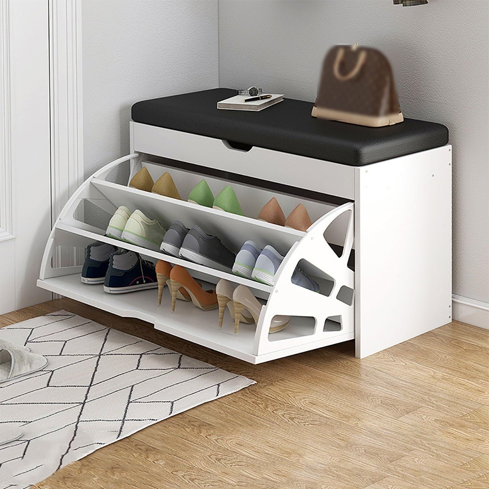 Banc de rangement à chaussures gris en bois avec armoire et siège rembourré pour l'entrée
