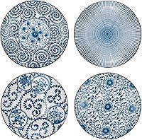 Foraineam Set of 4 Blue & White Floral Porcelain Plates - Shallow Serving for Appetizers, Salads, Desserts - Dishwasher & Microwave Safe