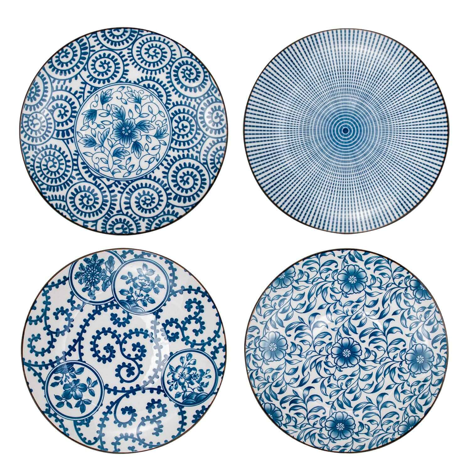 Foraineam Set of 4 Blue and White Porcelain Serving Plates Floral Dinner Shallow Plates Appetizer Salad Dessert Snack Plate Set Porcelain