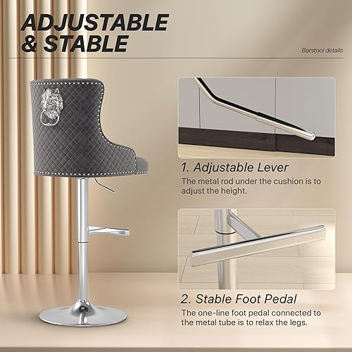 Miniatura 29 de ABET Juego de 2 taburetes de bar, taburetes de altura de mostrador con reposapiés, silla giratoria ajustable de terciopelo para isla de cocina con