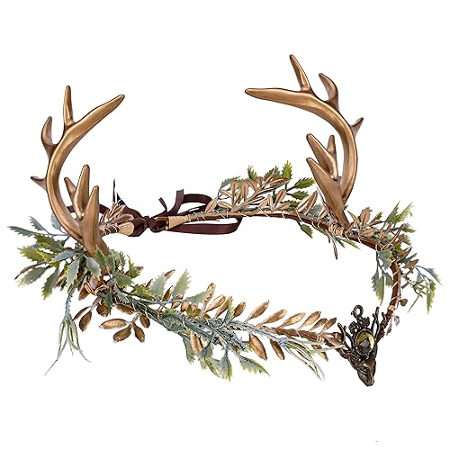 MOSTORY Woodland Gold Antler Crown - Forest Elf Headpiece Fairy Floral Circlet for Women Renaissance Fair Halloween Renfaire Cosplay Photo Shoot