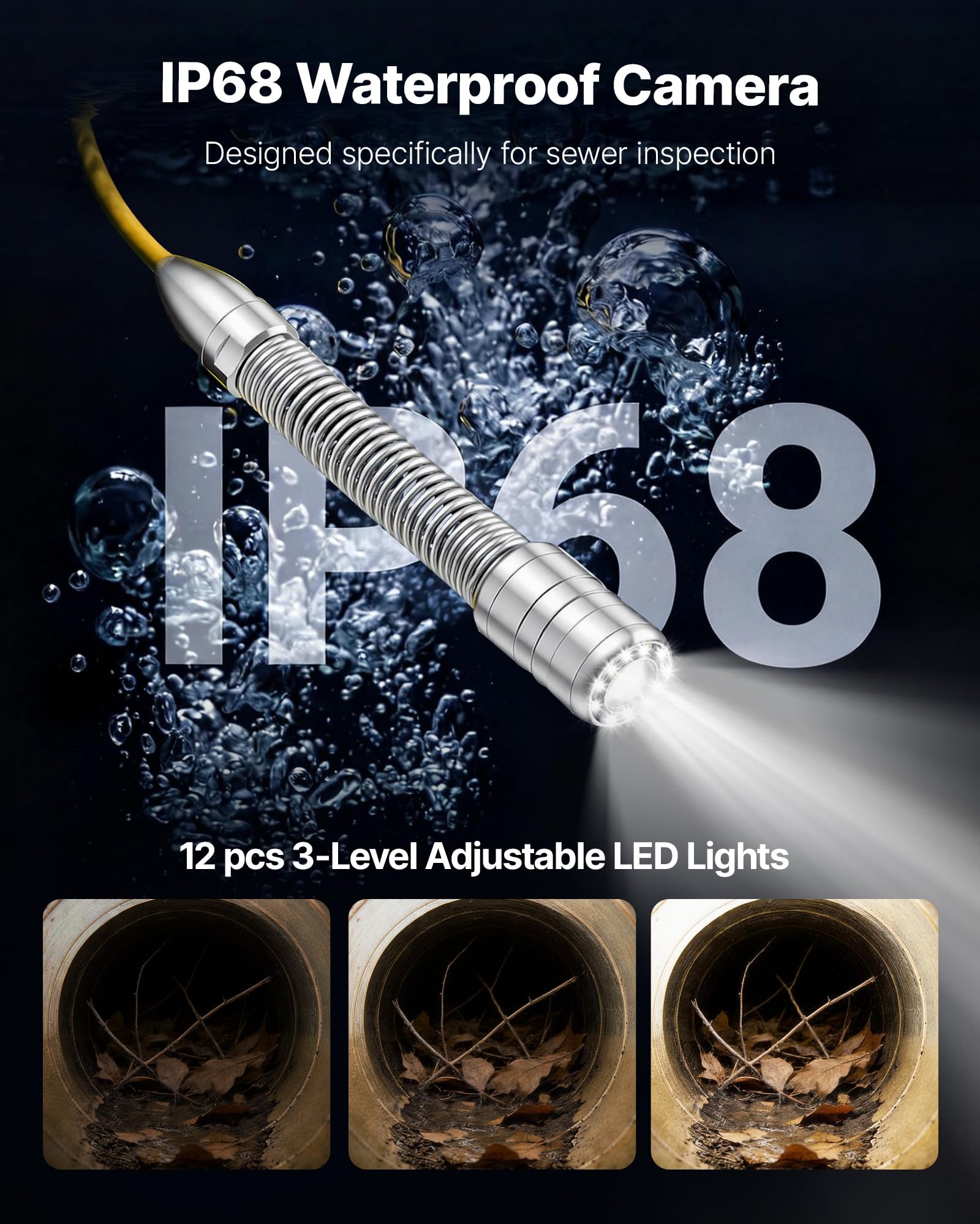VEVOR Cámara de Inspección de Tuberías 1080P con Cable Semirrígido 20 m, 12 Luces LED de 3 Niveles, Cámara de Inspección Endoscópica, WiFi Inalámbrica, Batería 4500 mAh para Alcantarillado Fontanería
