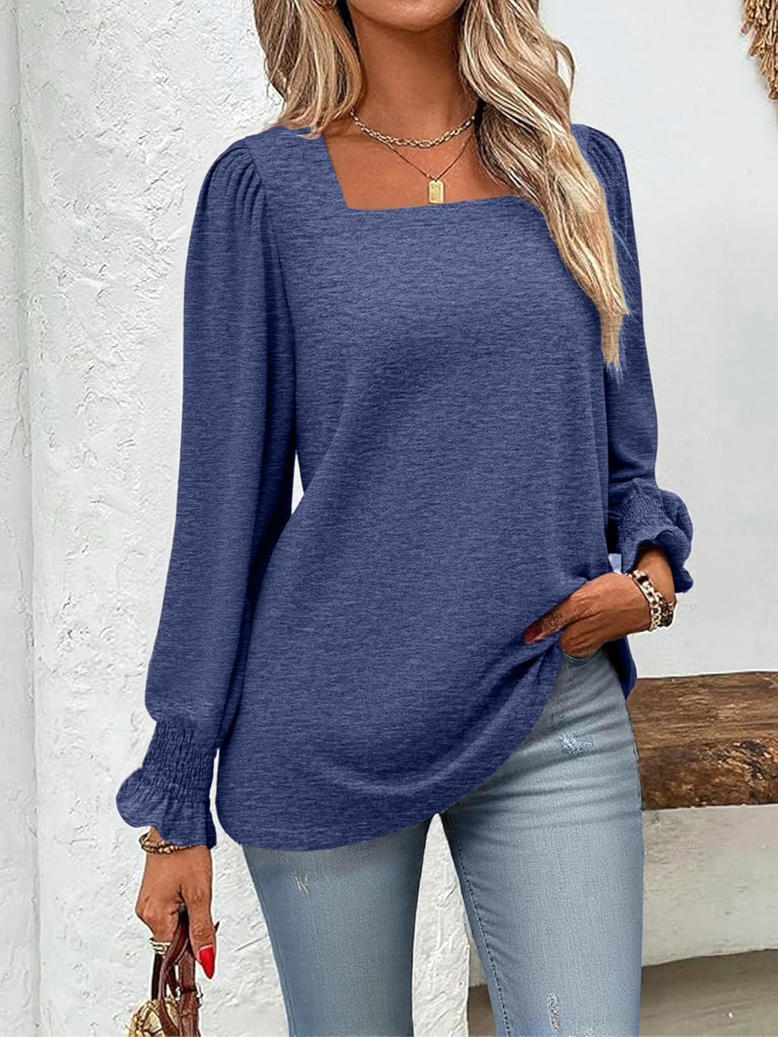 Women's Puff Sleeve Square Neck Shirt Loose Fit Casual Top Long Sleeve Blouse for Fall Winter - Image 4