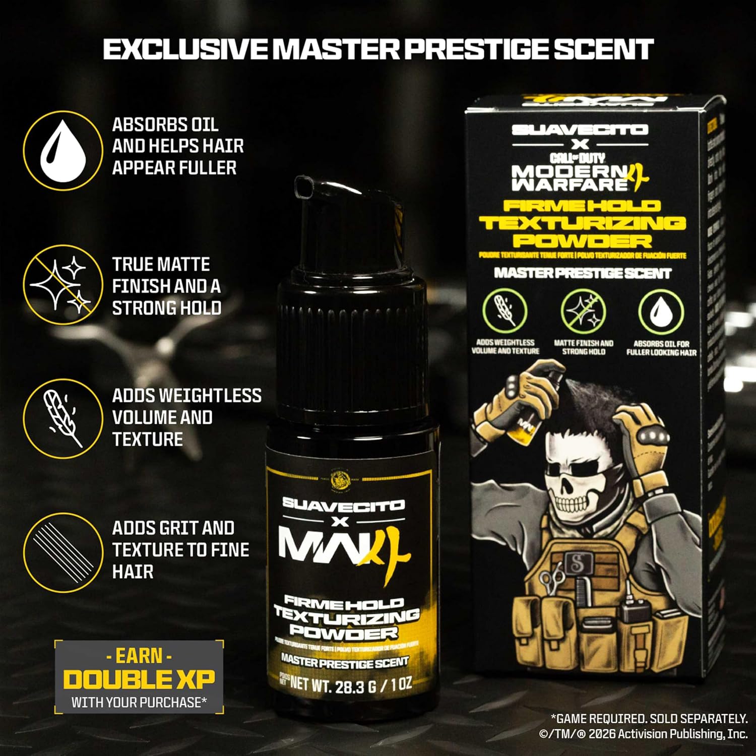 Suavecito Texturizing and Volumizing Hair Styling Powder with Shine Free Matte Finish and Strong Hold - No Mess, Oil Absorbing, Long Lasting - Call Of Duty Master Prestige - 1 oz
