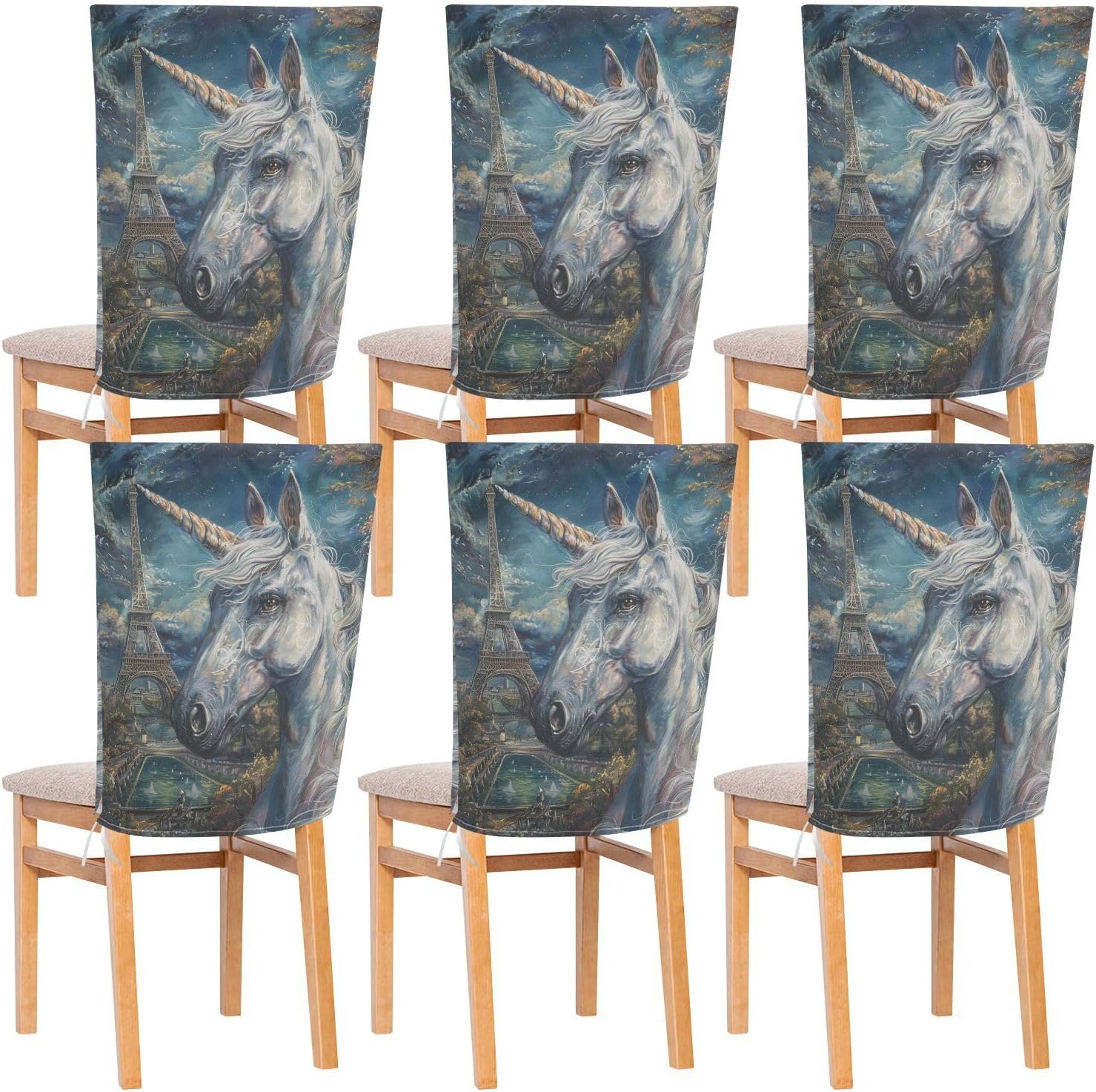 ALAZA Unicorn and Eiffel Tower Chair Back Cover Set of 6, Washable Reusable Removable Chair Slipcovers Decorative Chair Cover for Home Kitchen Wedding Party