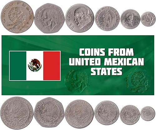 Juego de 6 monedas de México Colección de monedas mexicanas 10 20 50 centavos 1 5 10 pesos Circulado 1974-1976 Antigua moneda coleccionable para
