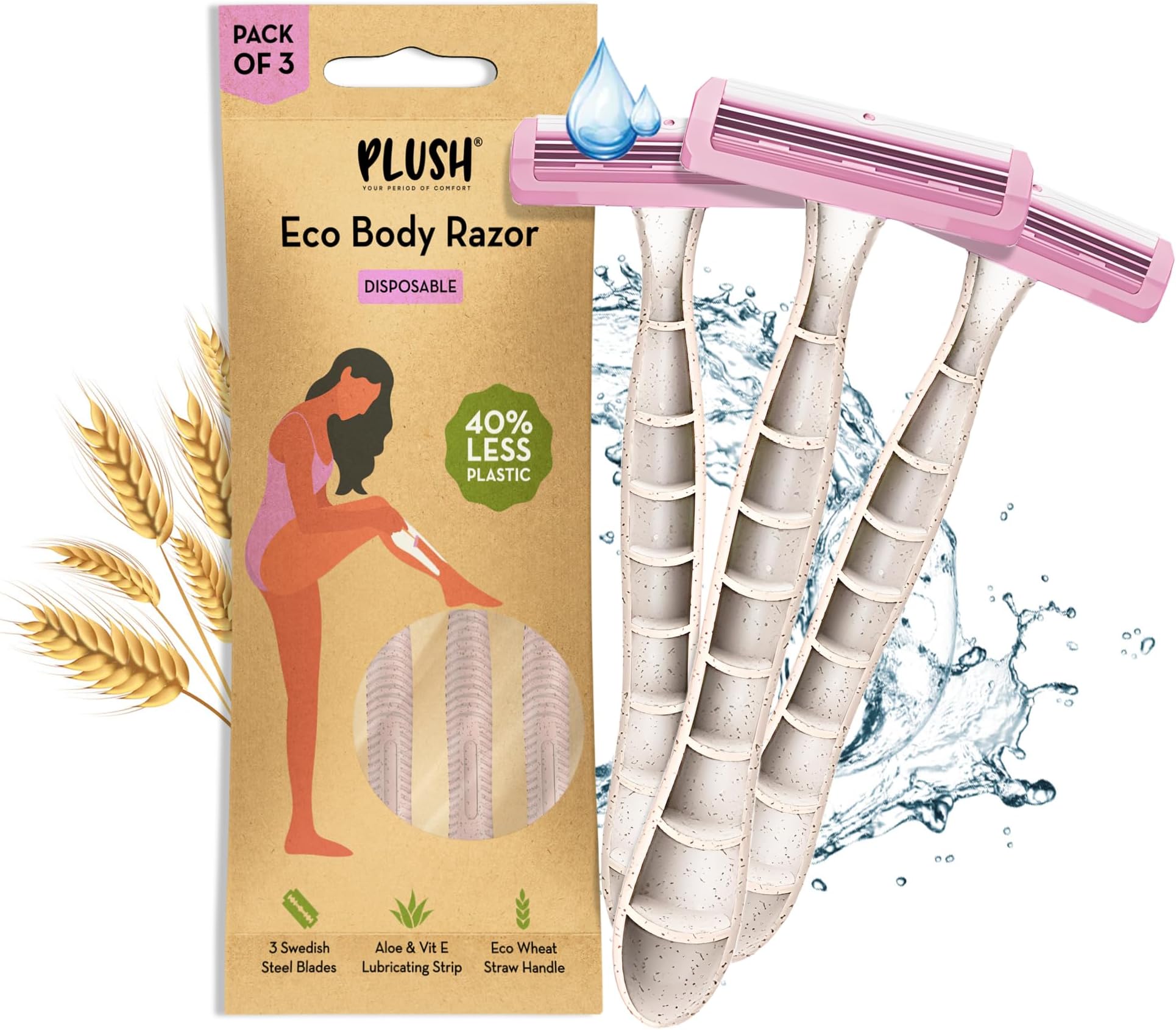 Plush Eco Disposable Body Razor for Women 3pc | Aloe & Vitamin E Lubricating Strip & Wheat Straw Handle | Irritation-Free Hair Removal with Swedish Steel 3 Blade Razor for Smooth Shave